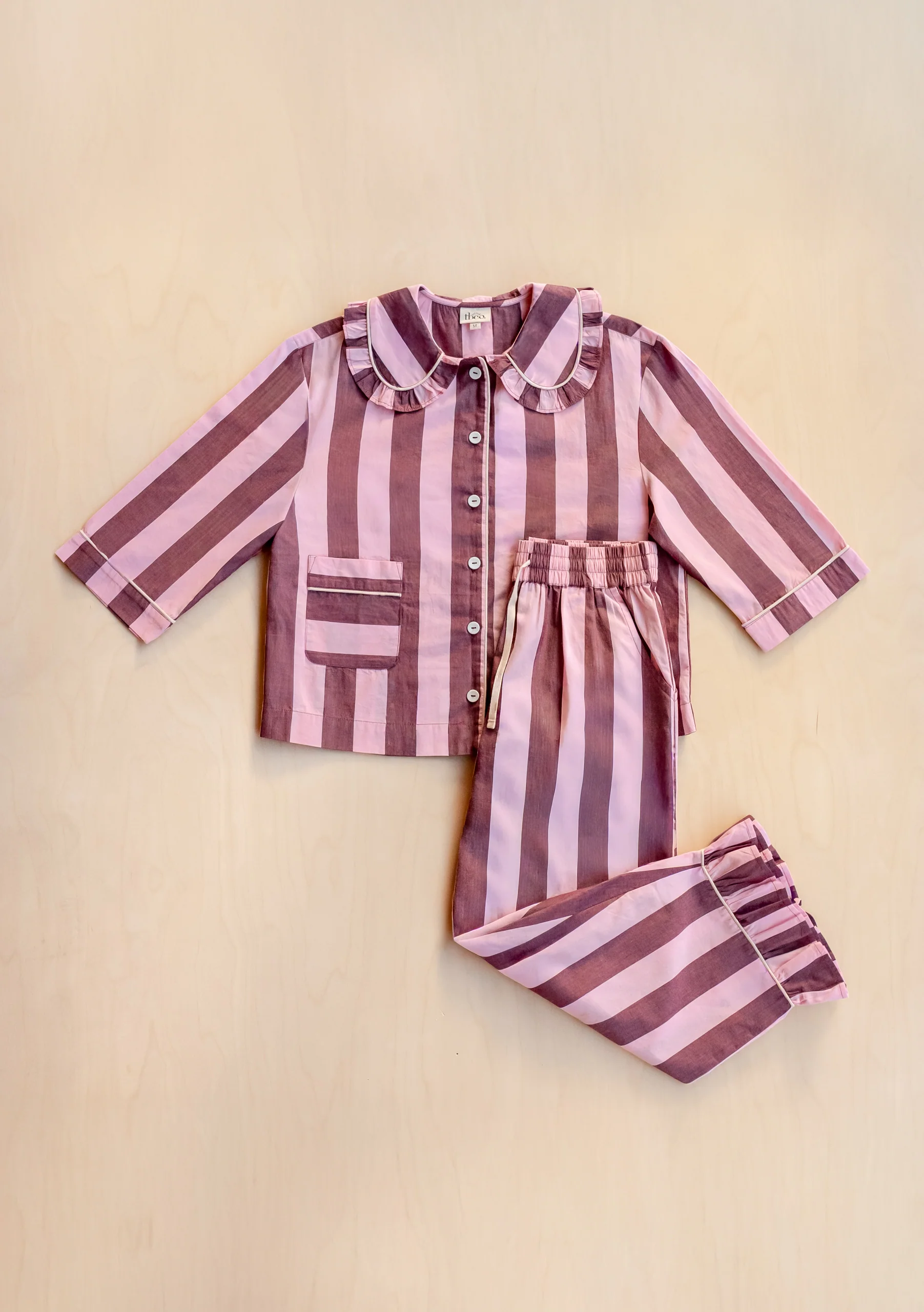 Cropped Cotton Pyjamas in Pink & Burgundy Stripe - Image 3