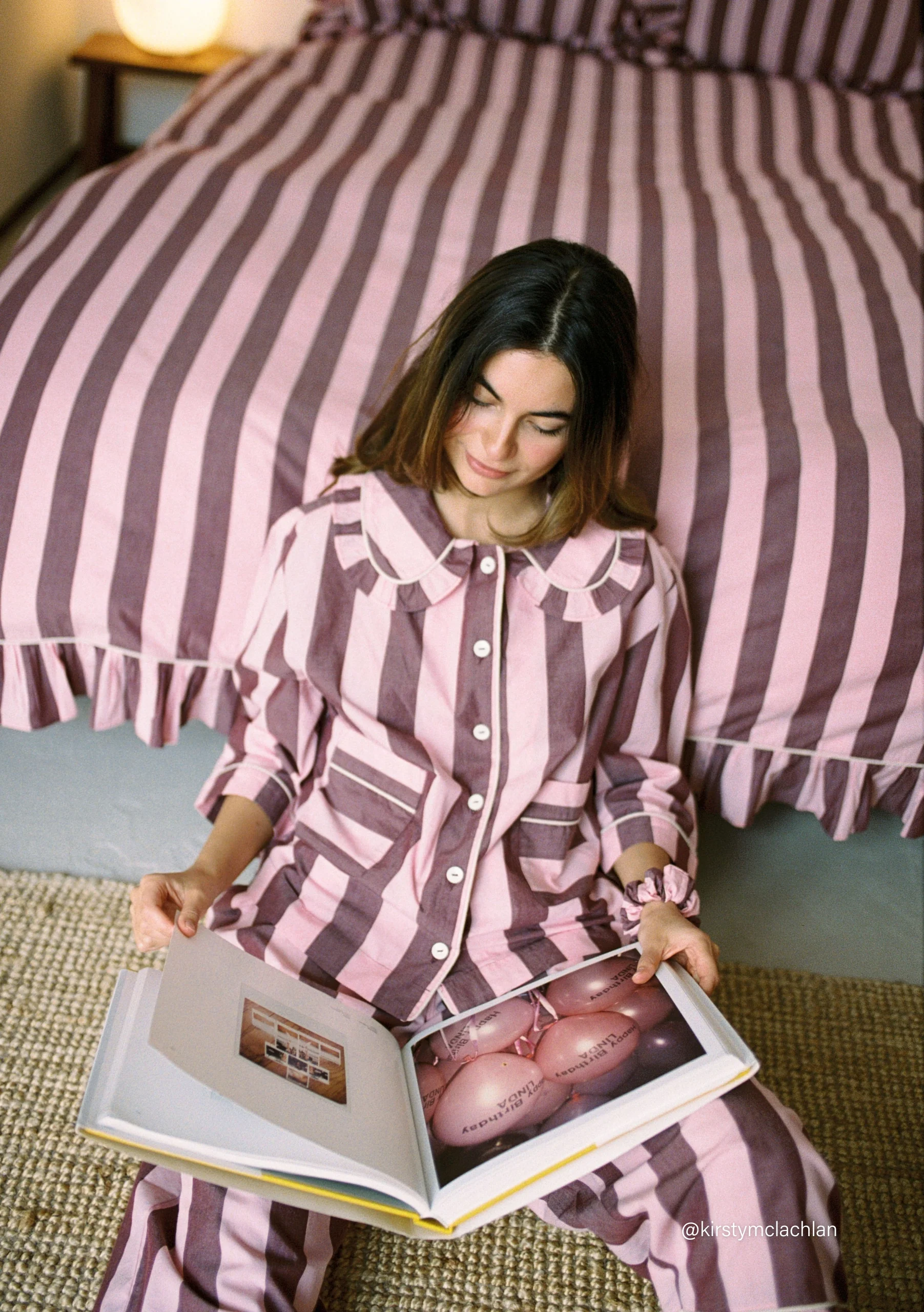 Cropped Cotton Pyjamas in Pink & Burgundy Stripe - Image 4