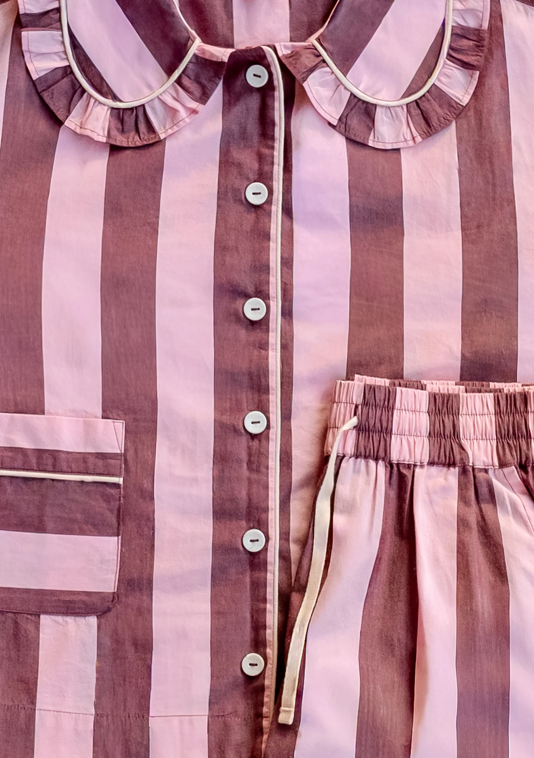 Cropped Cotton Pyjamas in Pink & Burgundy Stripe - Image 5
