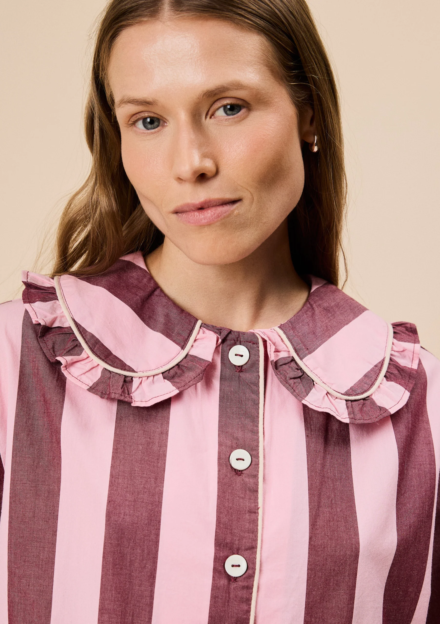 Cropped Cotton Pyjamas in Pink & Burgundy Stripe - Image 6