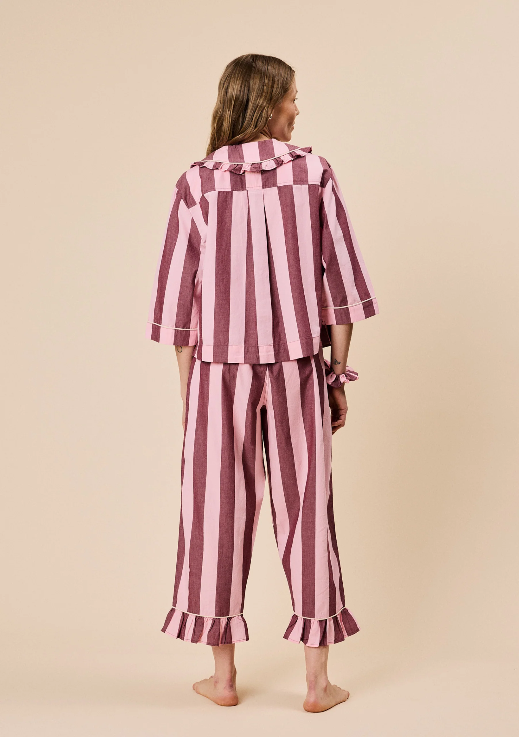 Cropped Cotton Pyjamas in Pink & Burgundy Stripe - Image 8
