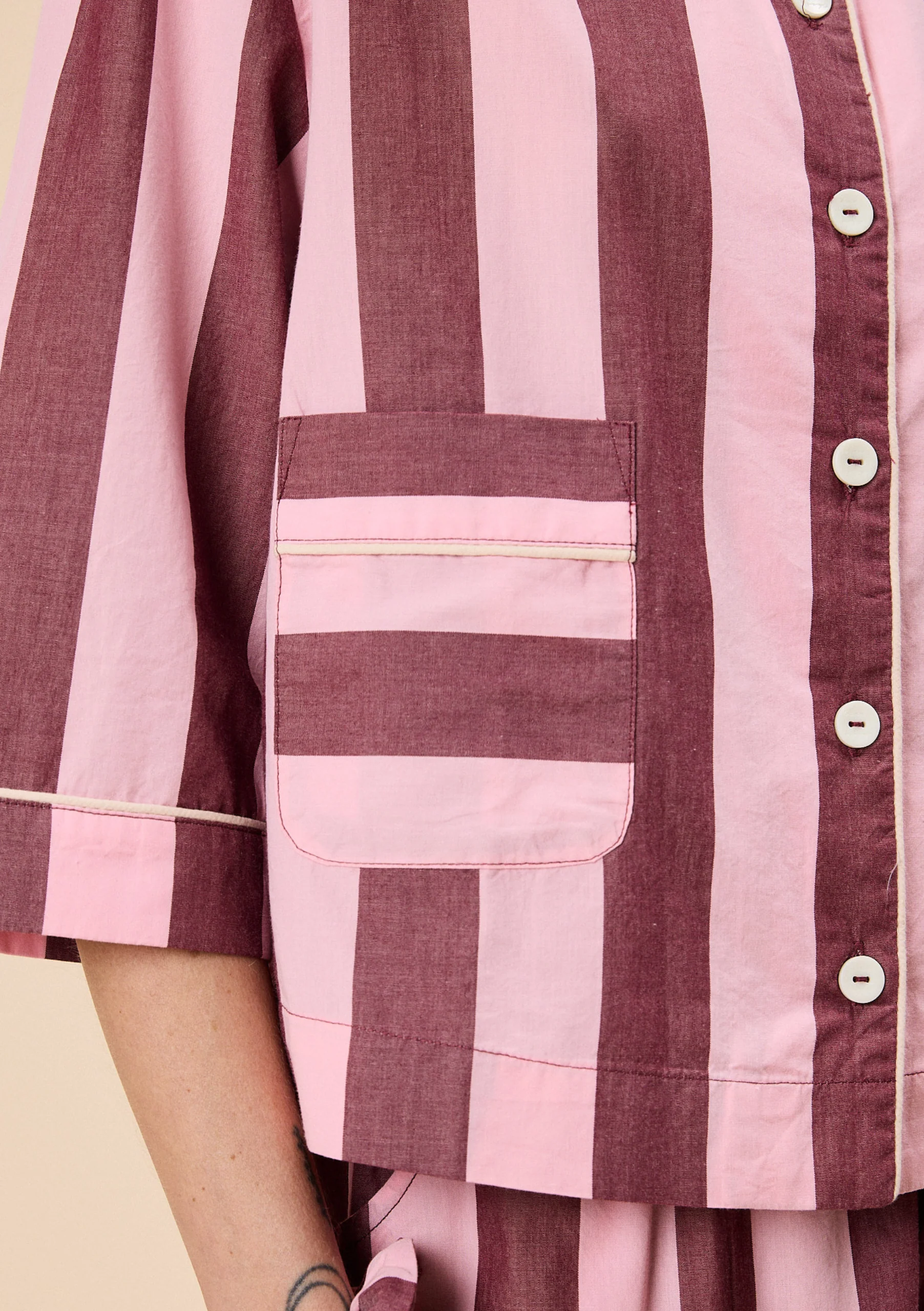 Cropped Cotton Pyjamas in Pink & Burgundy Stripe - Image 9