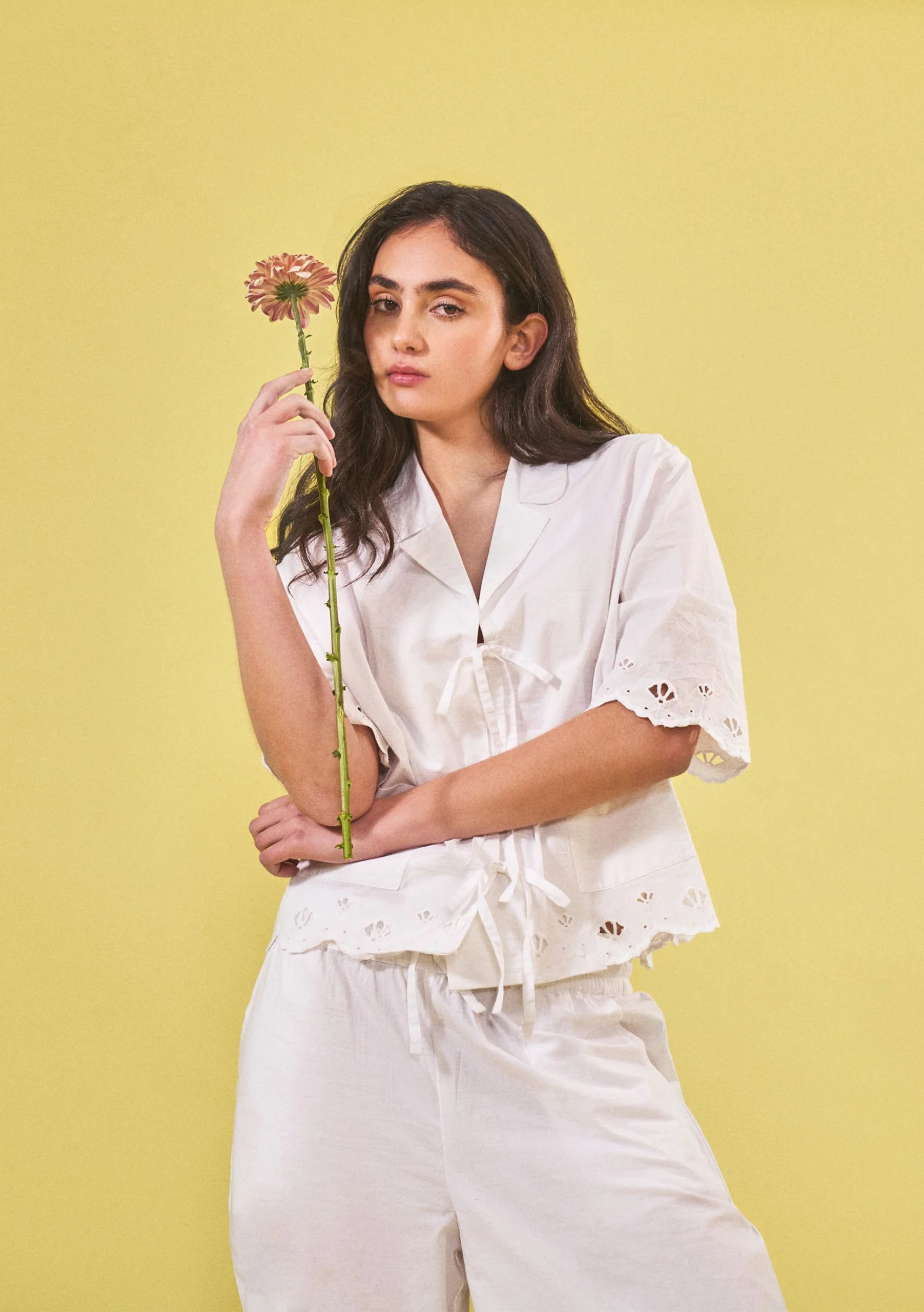 Cropped Cotton Pyjamas in White Shell - Image 2
