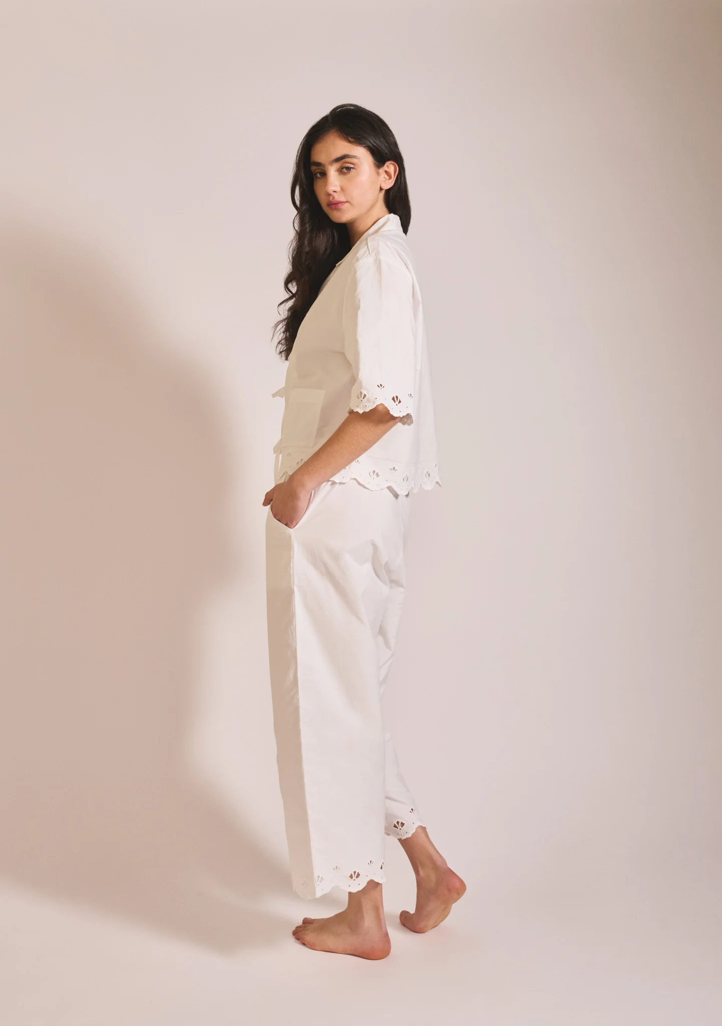 Cropped Cotton Pyjamas in White Shell - Image 3