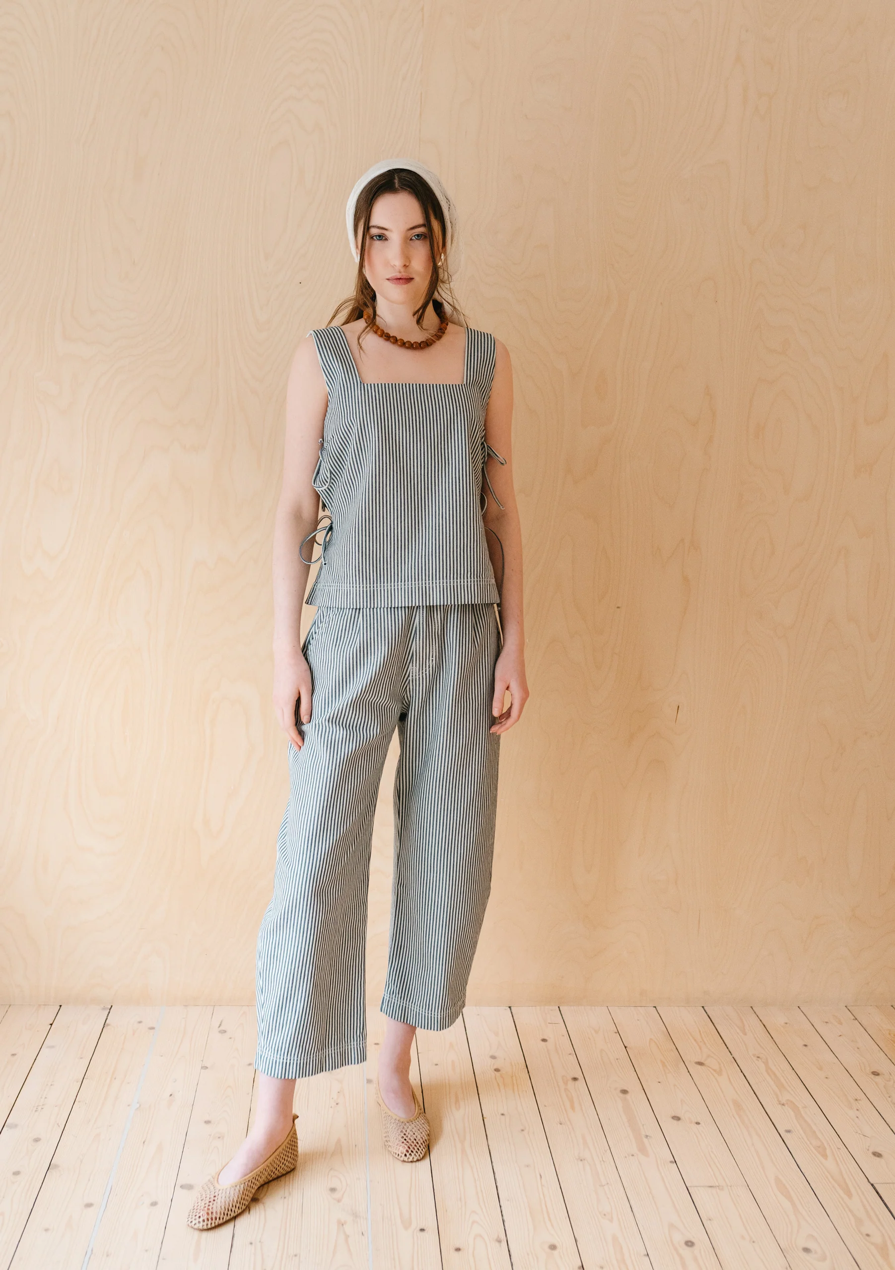 Denim Barrel Leg Trousers in Herringbone Stripe - Image 4