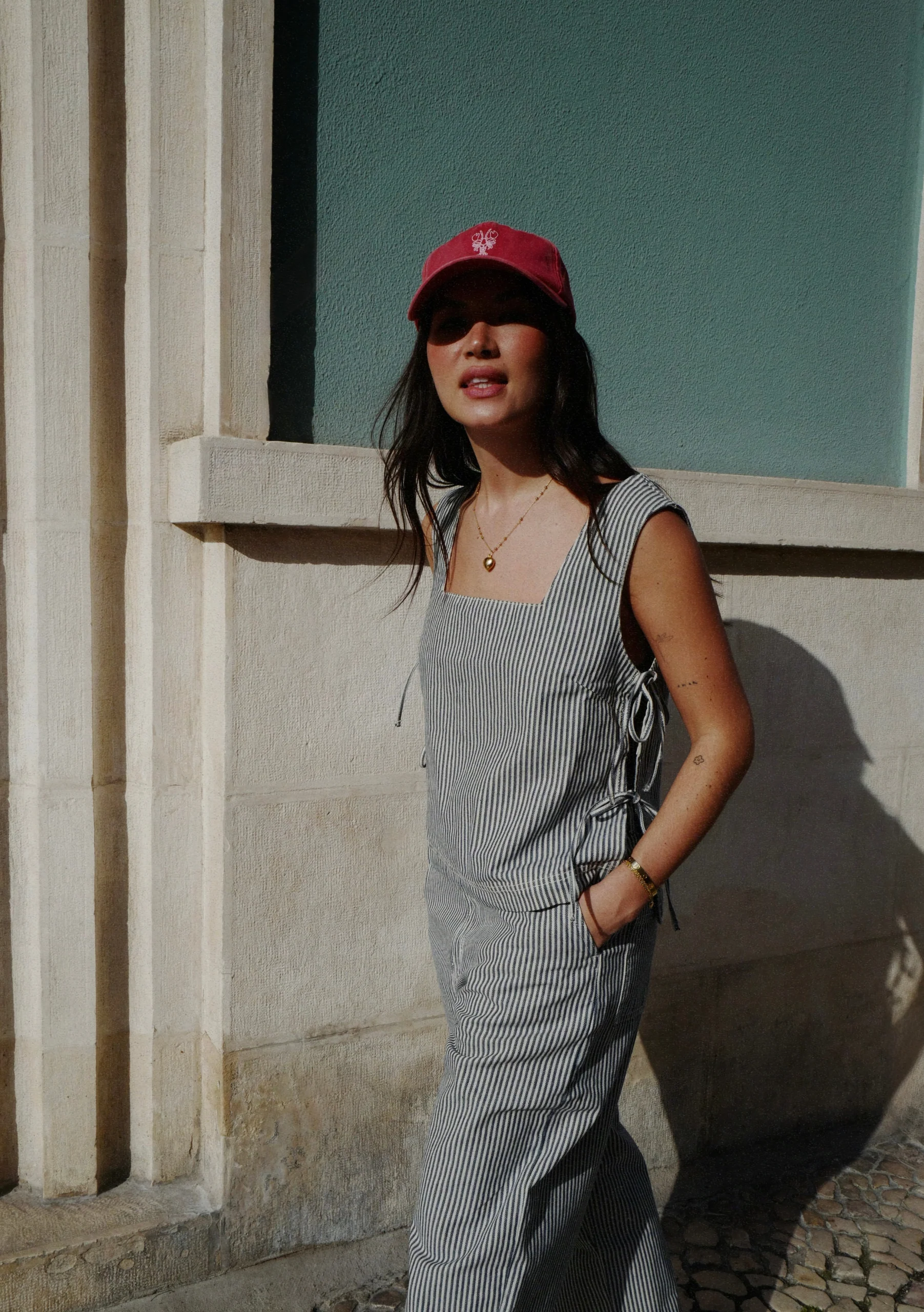 Denim Side Tie Top in Herringbone Stripe
