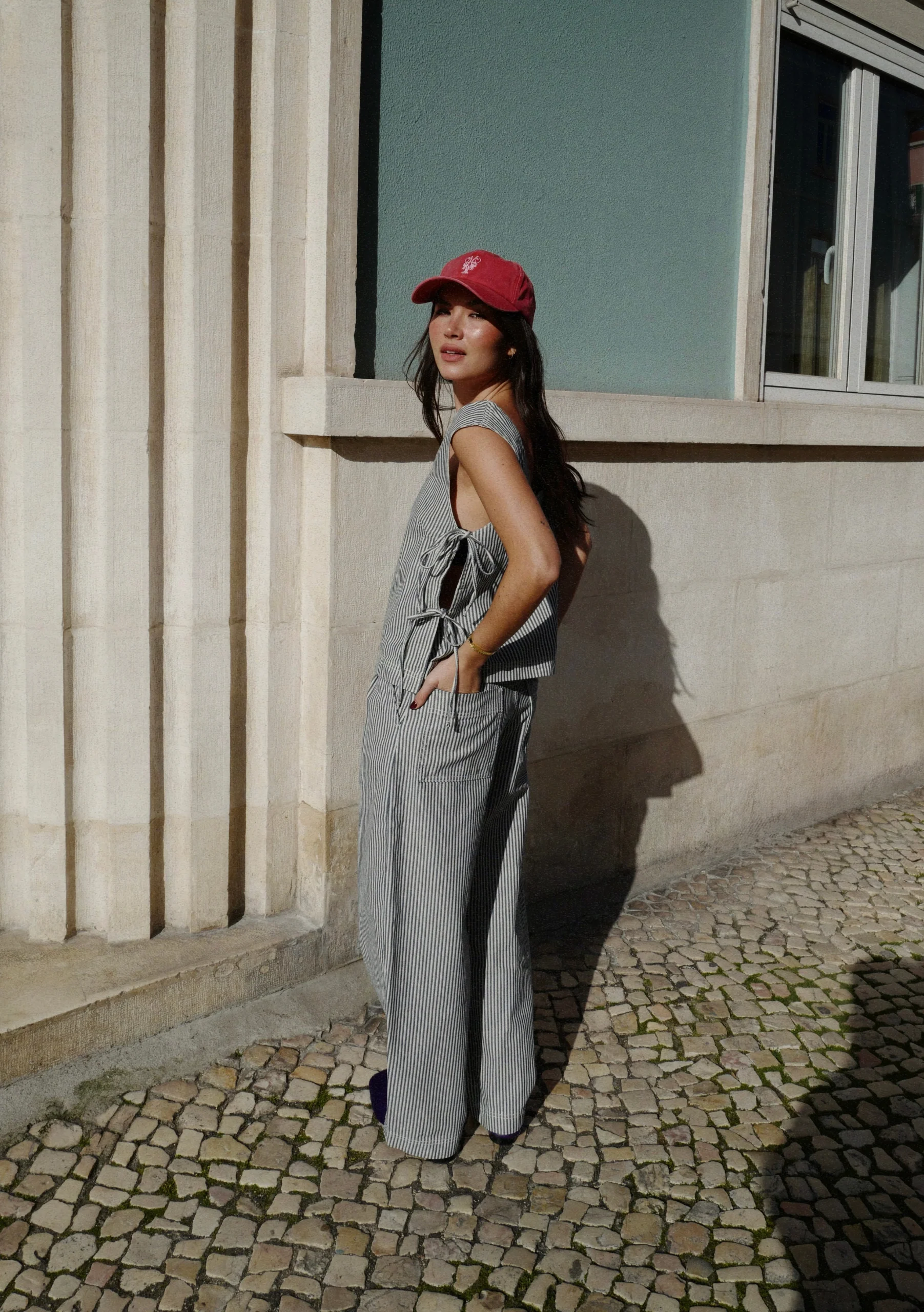 Denim Side Tie Top in Herringbone Stripe - Image 3