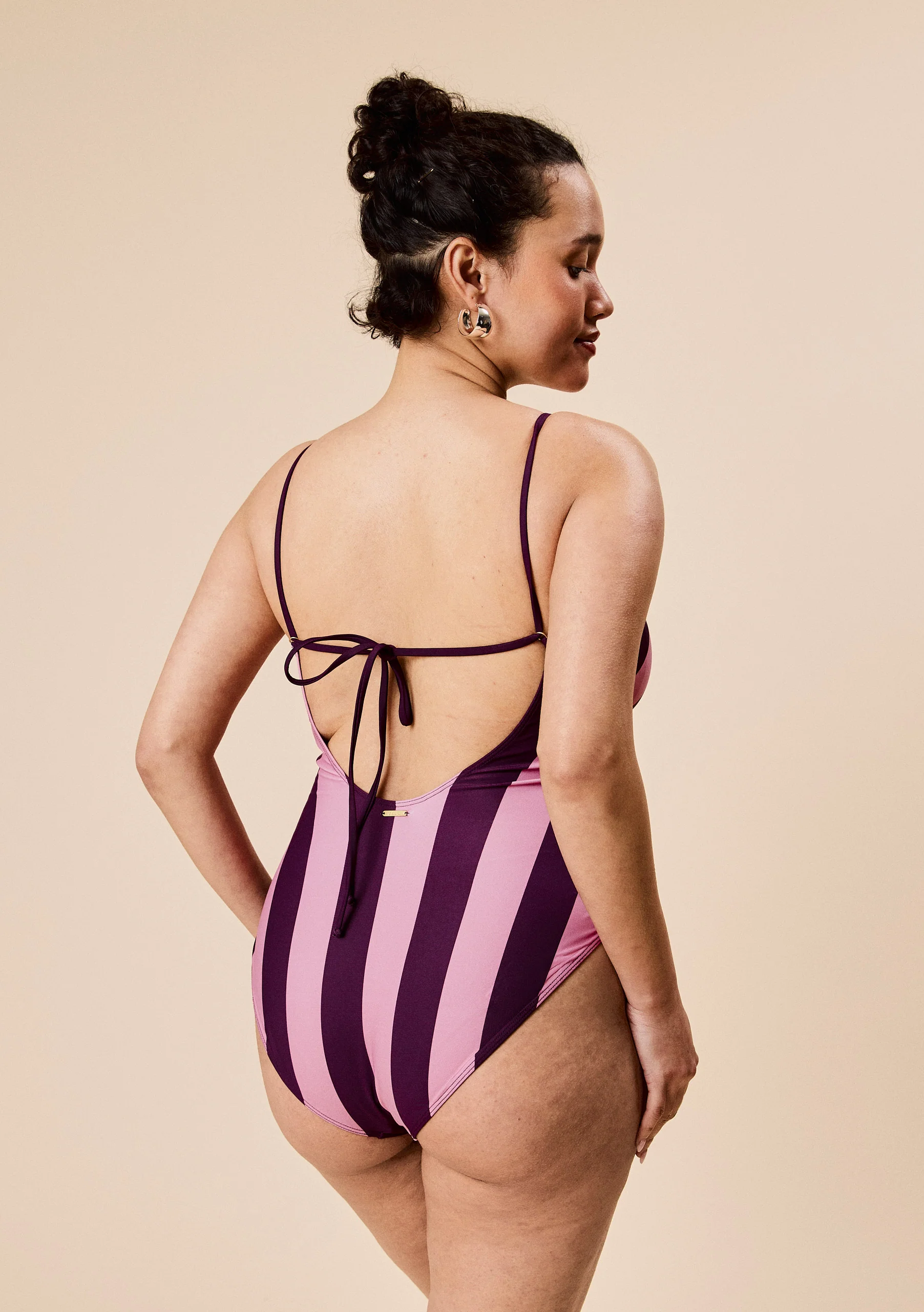 Gathered Swimsuit in Pink & Burgundy Stripe - Image 5