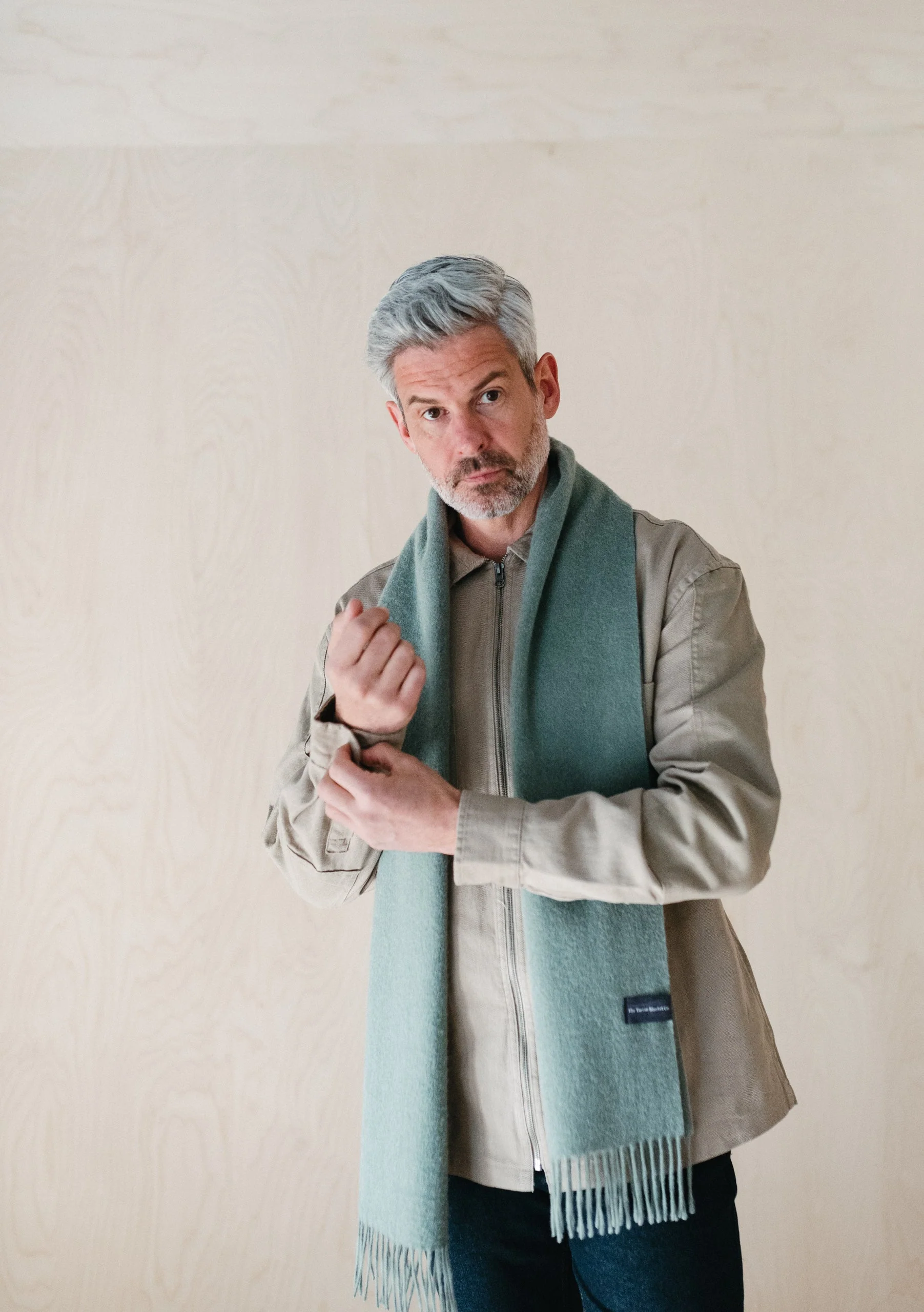 Men's Lambswool Scarf in Sage Melange - Image 3