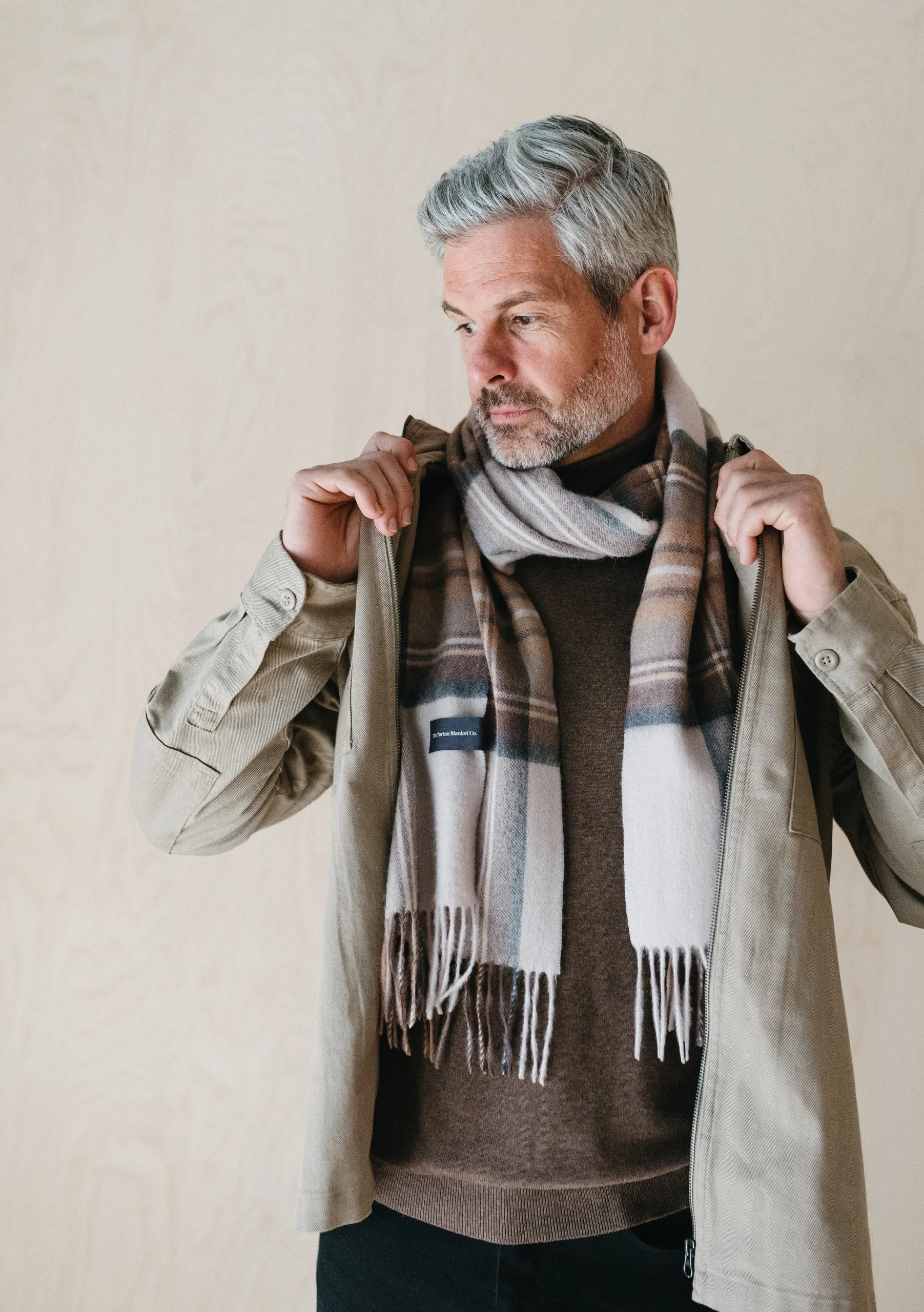 Men's Lambswool Scarf in Stewart Natural Dress Tartan - Image 3