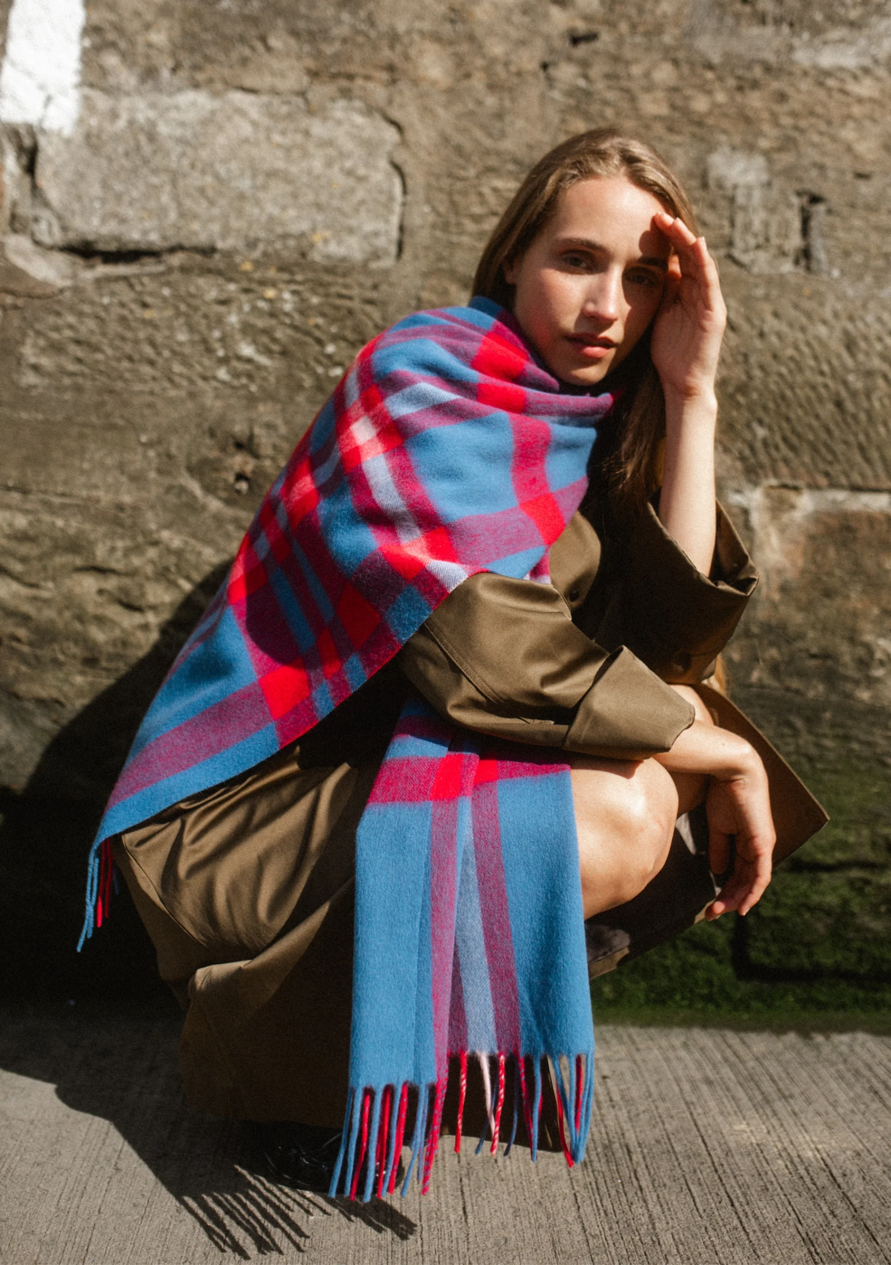 Lambswool Oversized Scarf in Blue Modern Tartan - Image 2