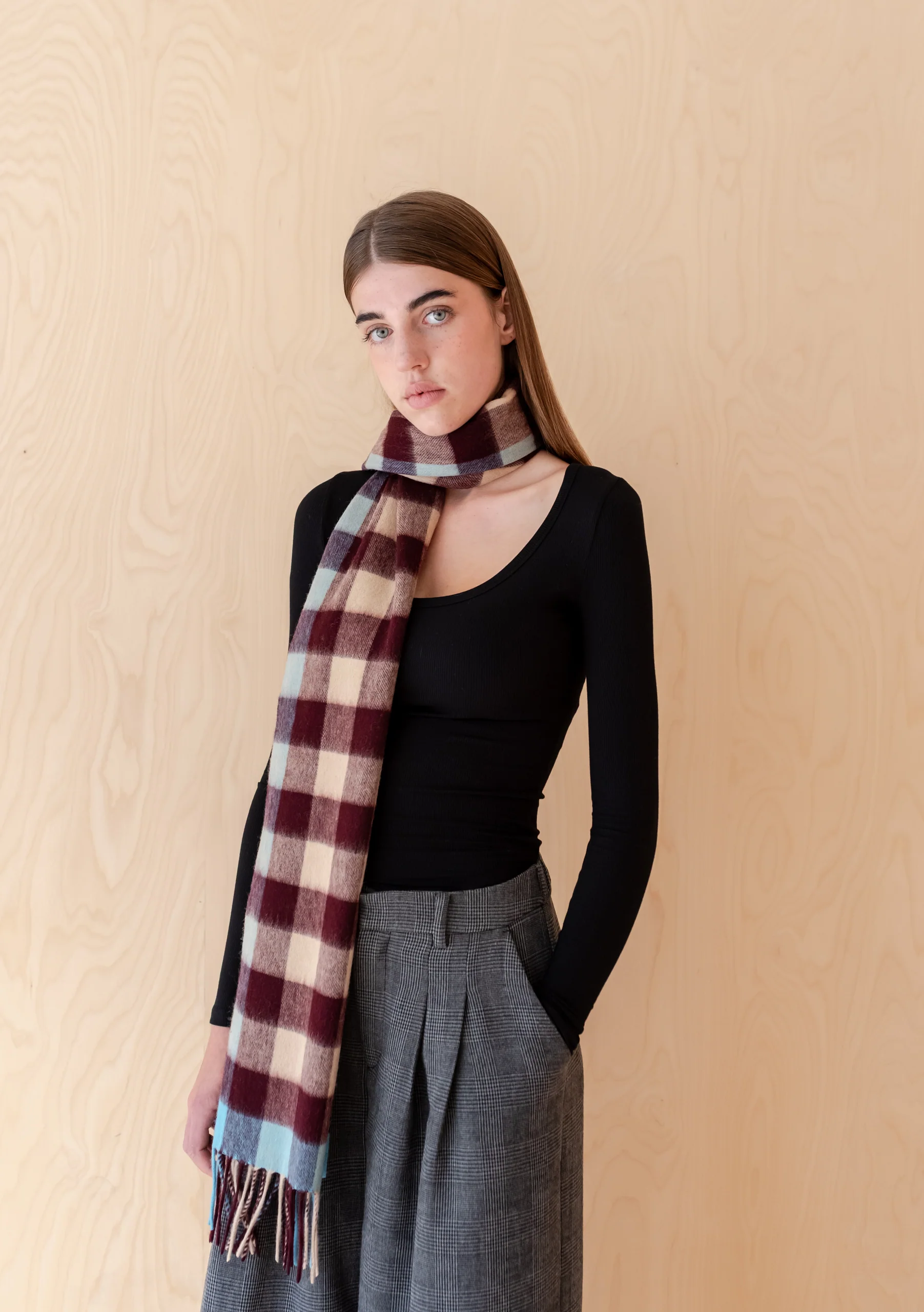 Lambswool Oversized Scarf in Camel Gingham