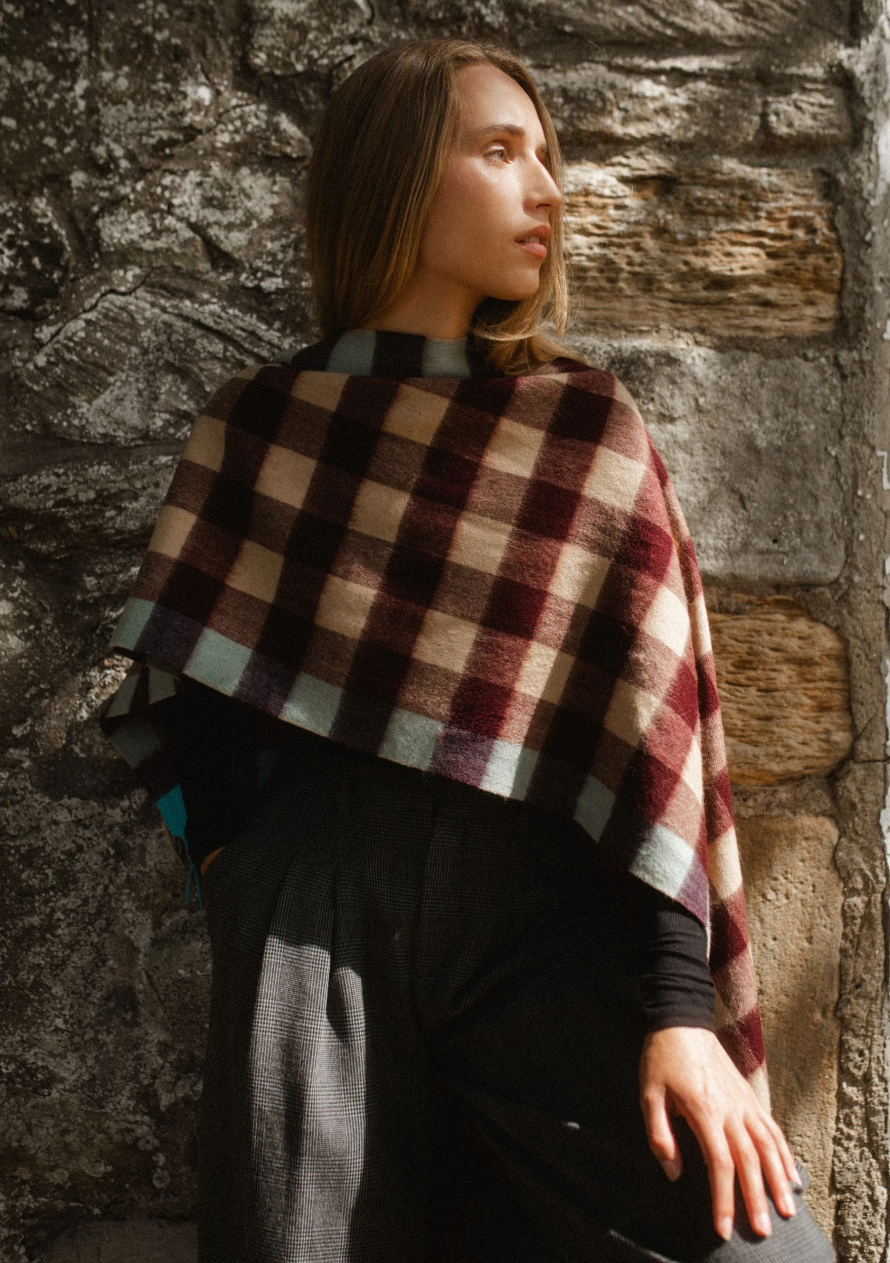 Lambswool Oversized Scarf in Camel Gingham - Image 2