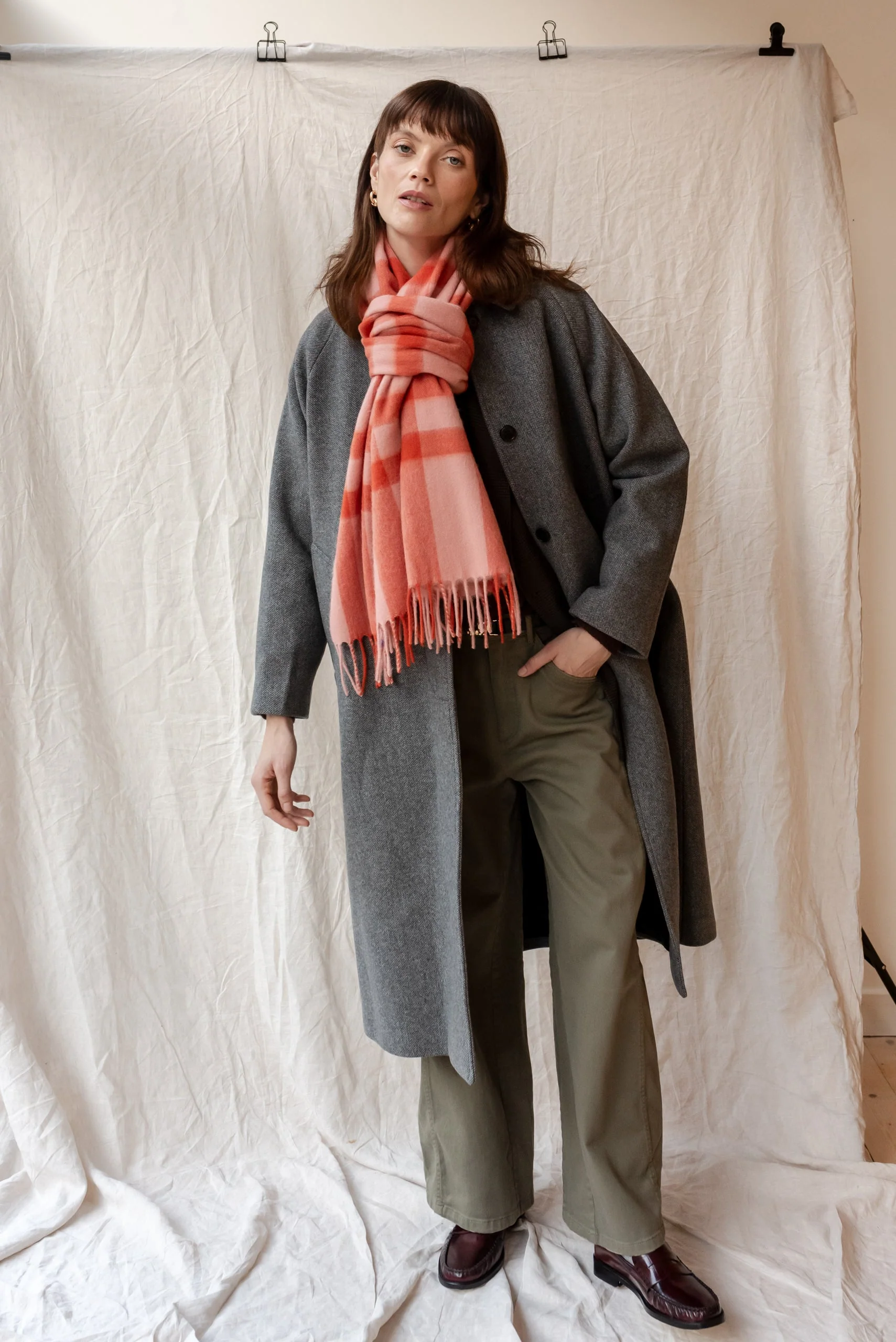 Lambswool Oversized Scarf in Pink Check - Image 3
