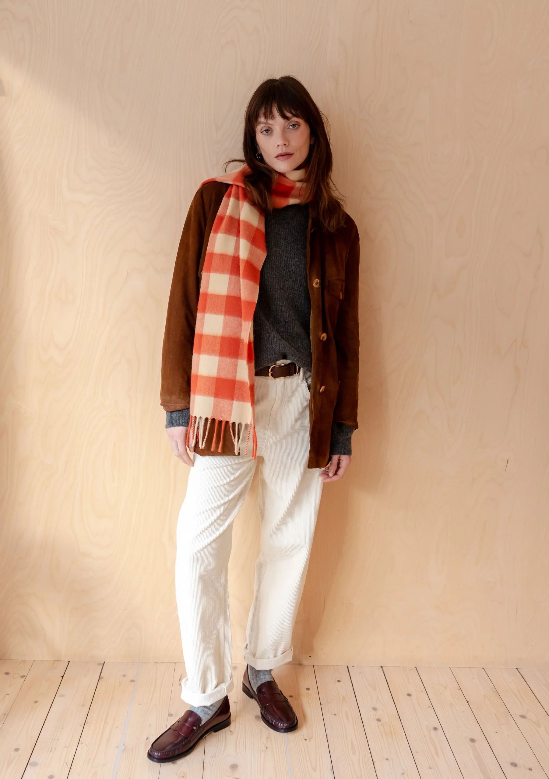 Lambswool Scarf in Orange Gingham - Image 3