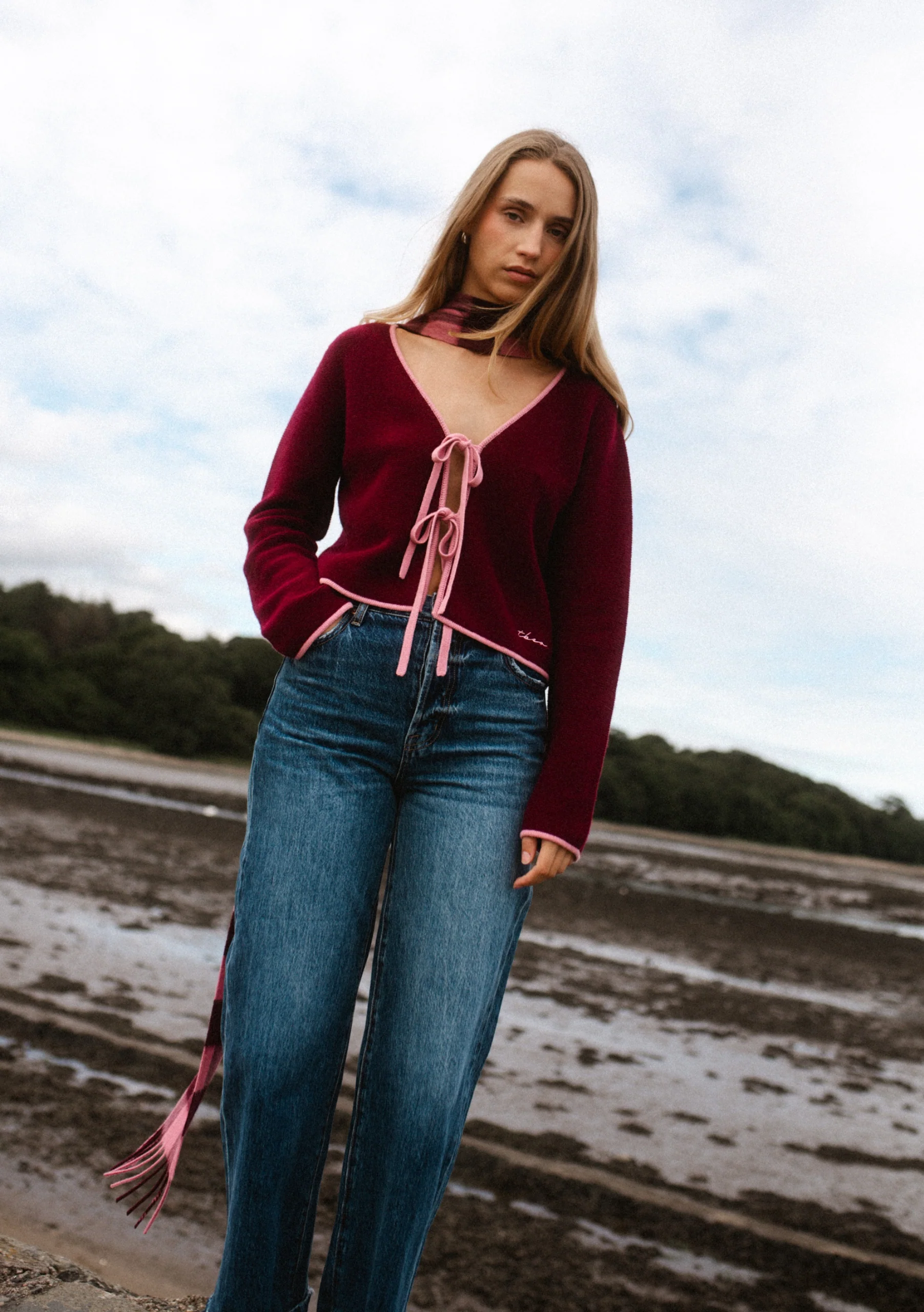 Lambswool Skinny Scarf in Berry Gingham - Image 3