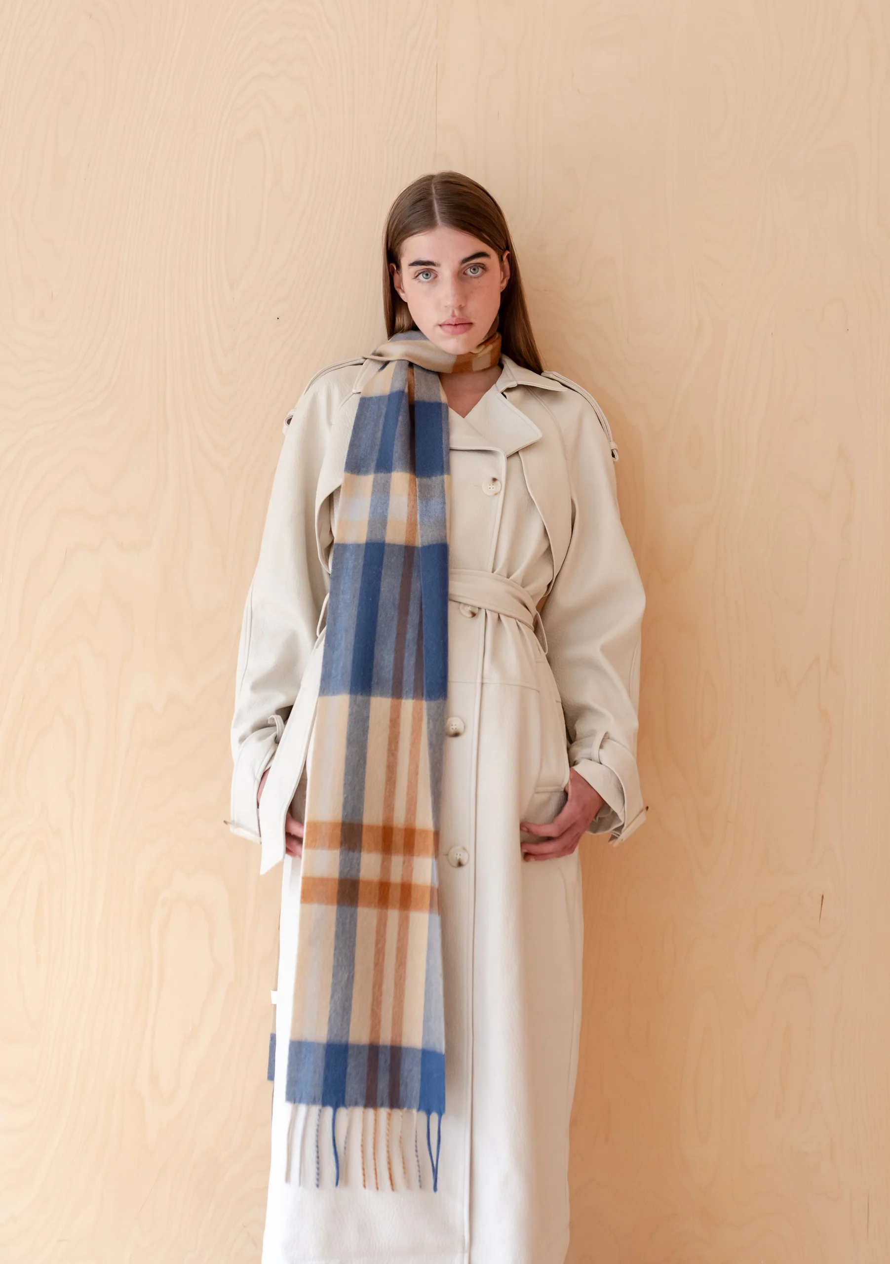 Lambswool Skinny Scarf in Camel Modern Tartan