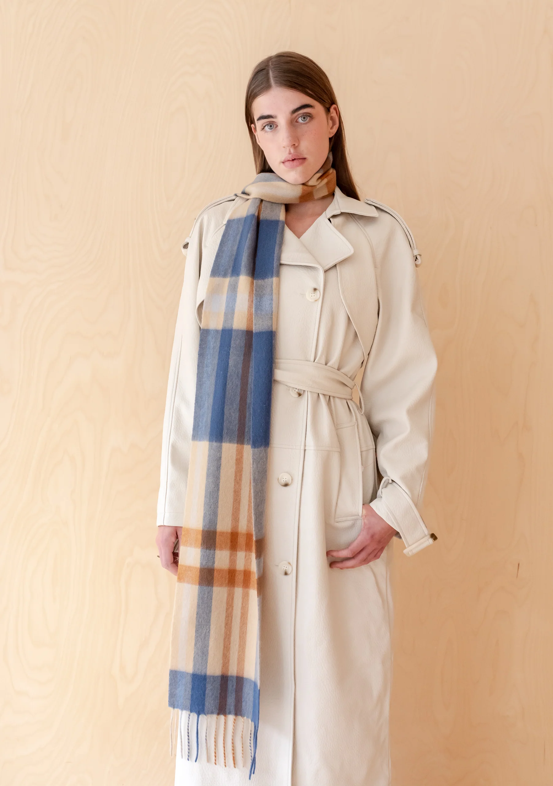 Lambswool Skinny Scarf in Camel Modern Tartan - Image 3