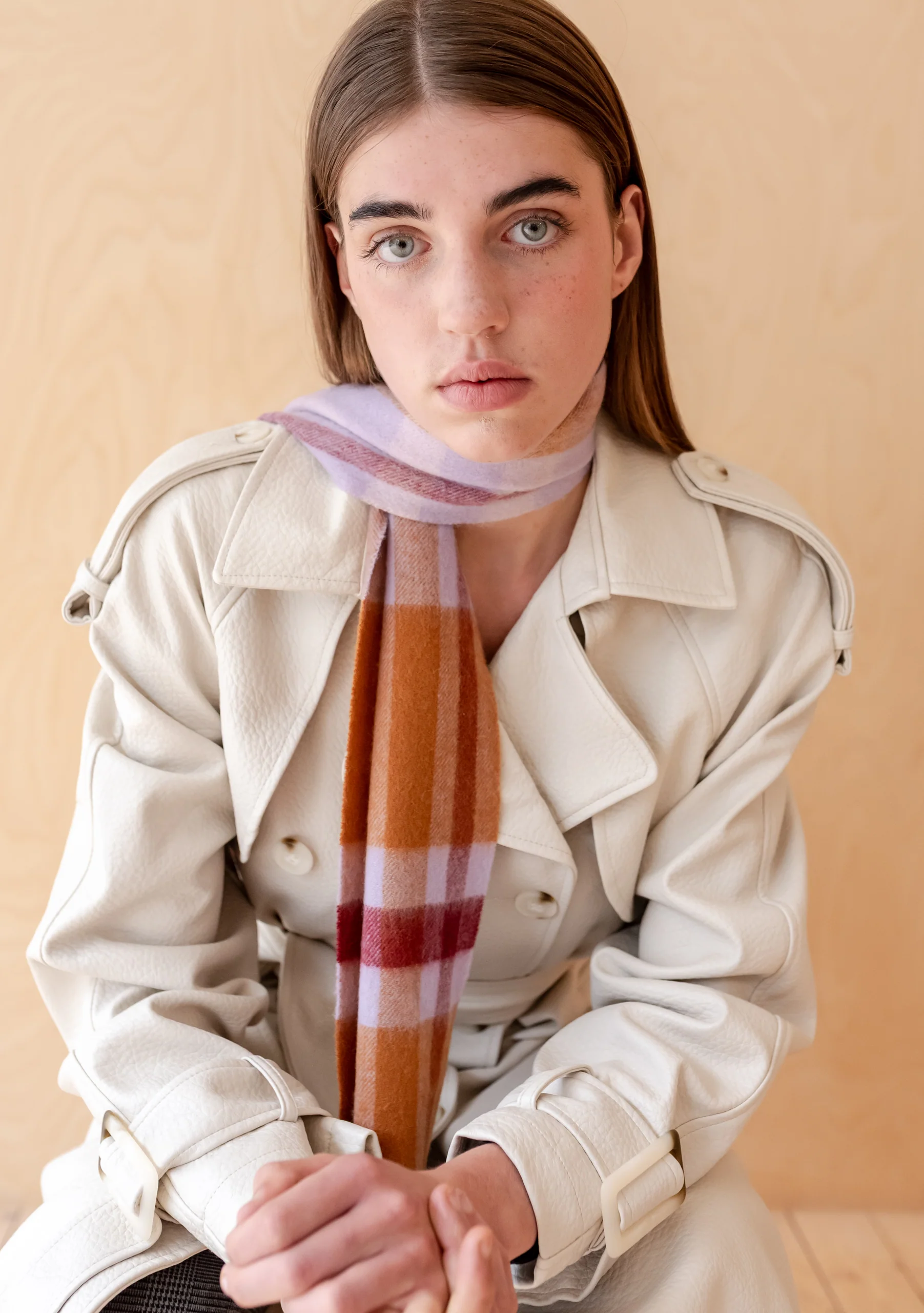 Lambswool Skinny Scarf in Lilac Modern Tartan - Image 3