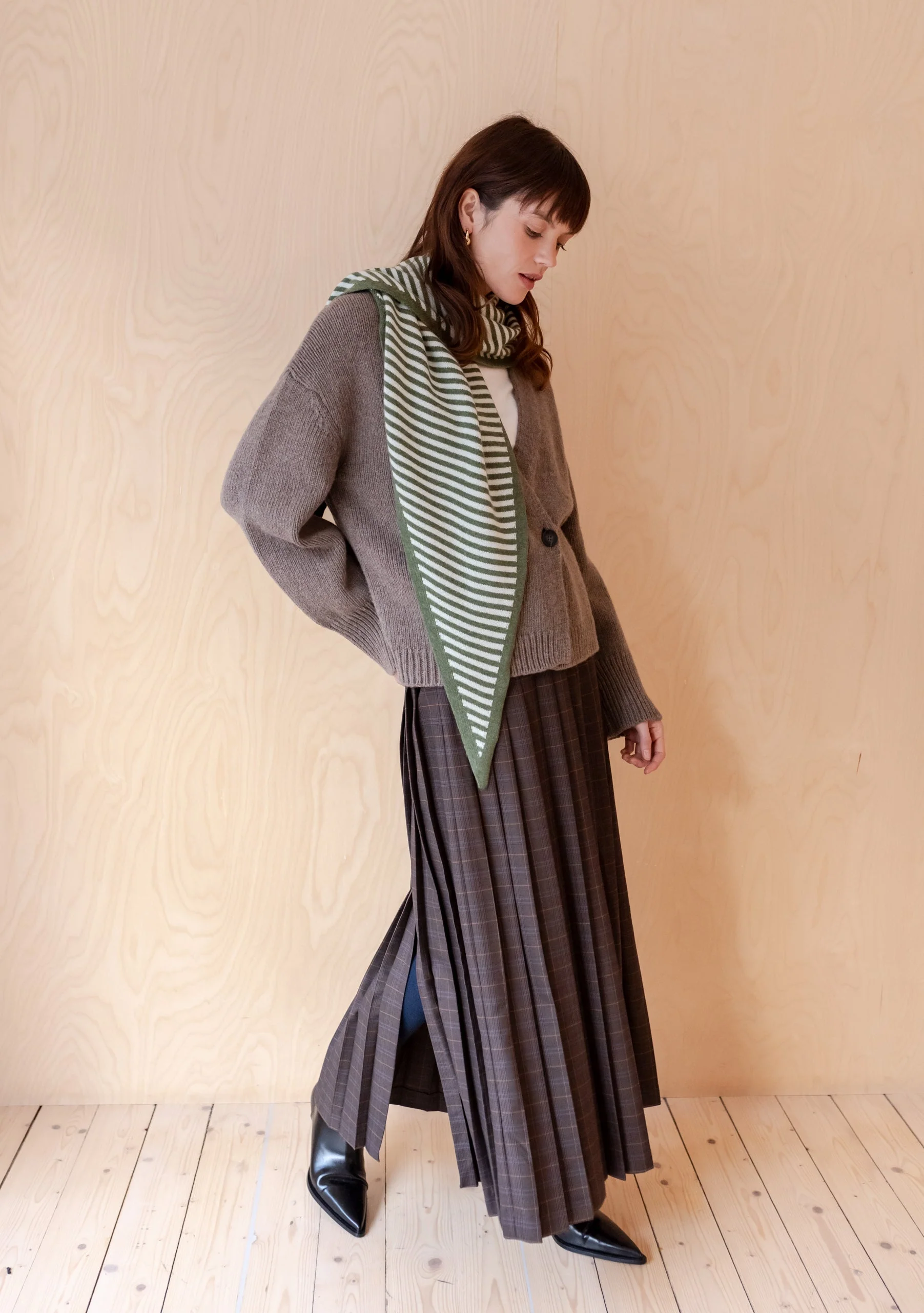Large Merino Triangle Scarf in Green Stripe - Image 3