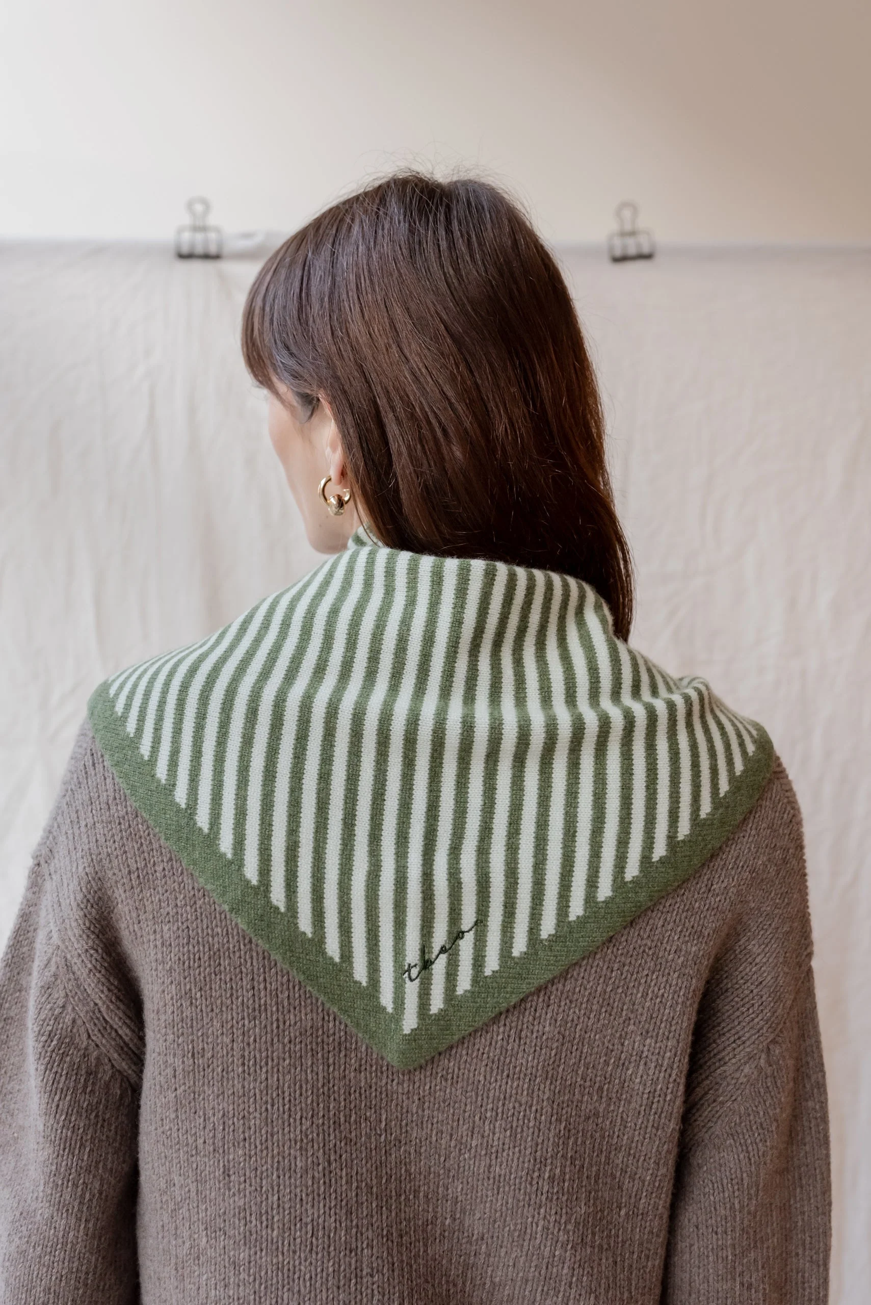 Large Merino Triangle Scarf in Green Stripe - Image 4