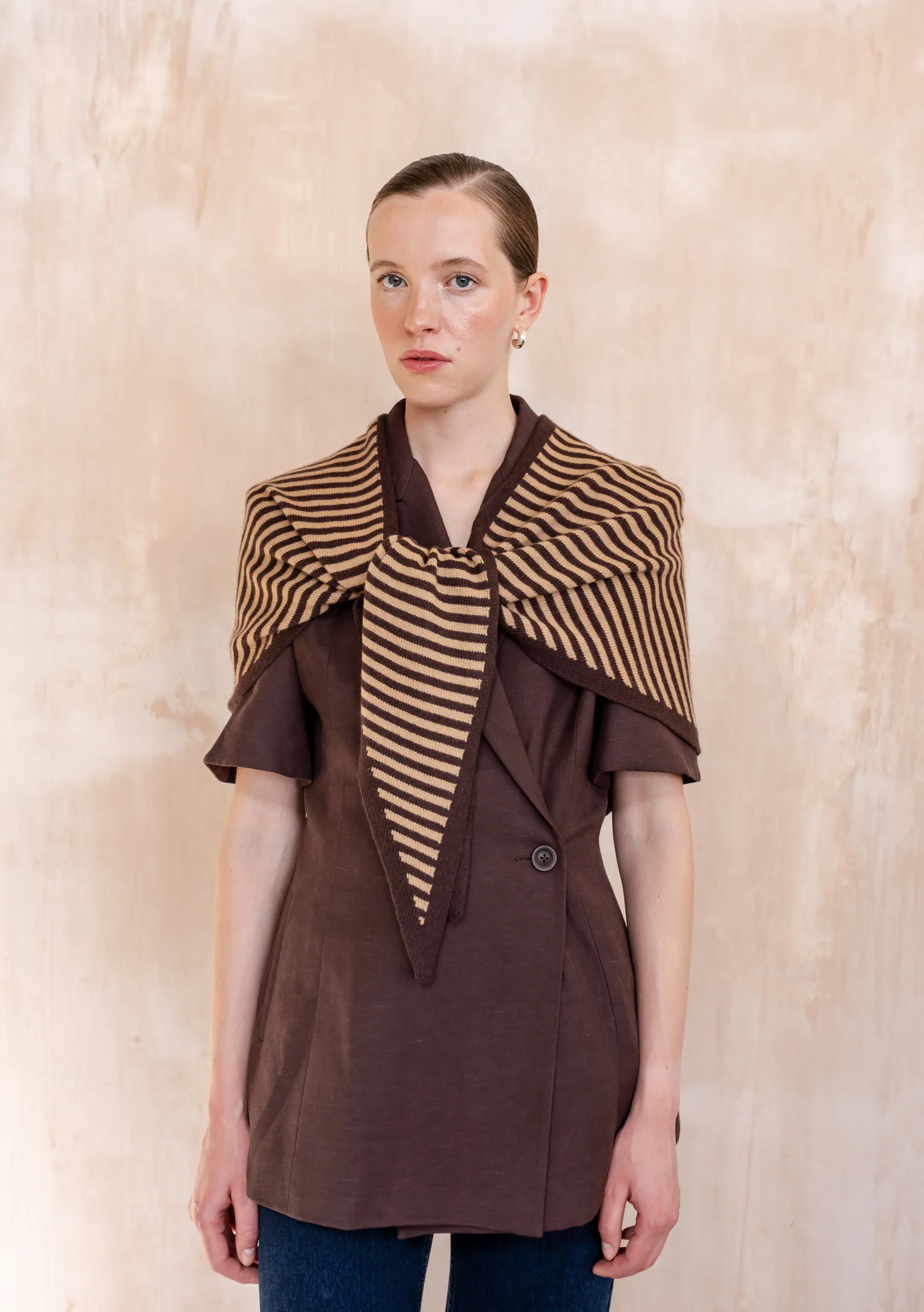 Large Merino Wool Triangle Scarf in Camel & Brown Stripe - Image 2