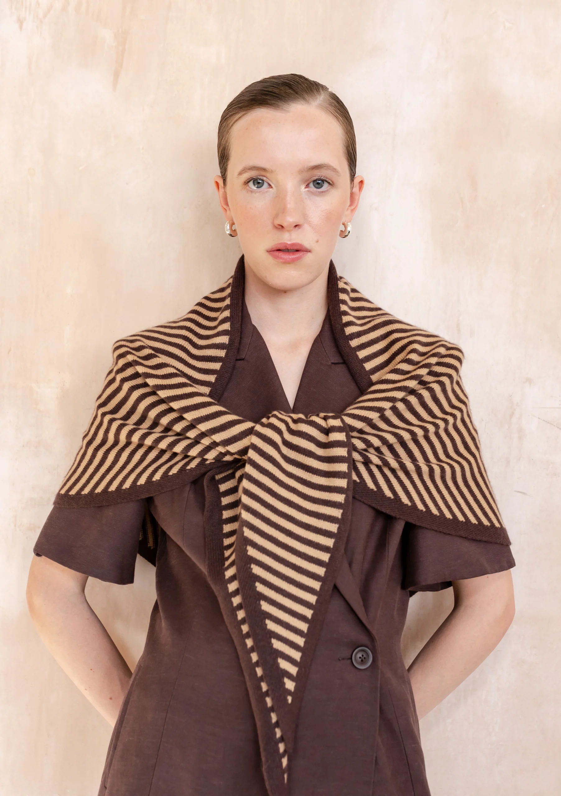 Large Merino Wool Triangle Scarf in Camel & Brown Stripe - Image 3