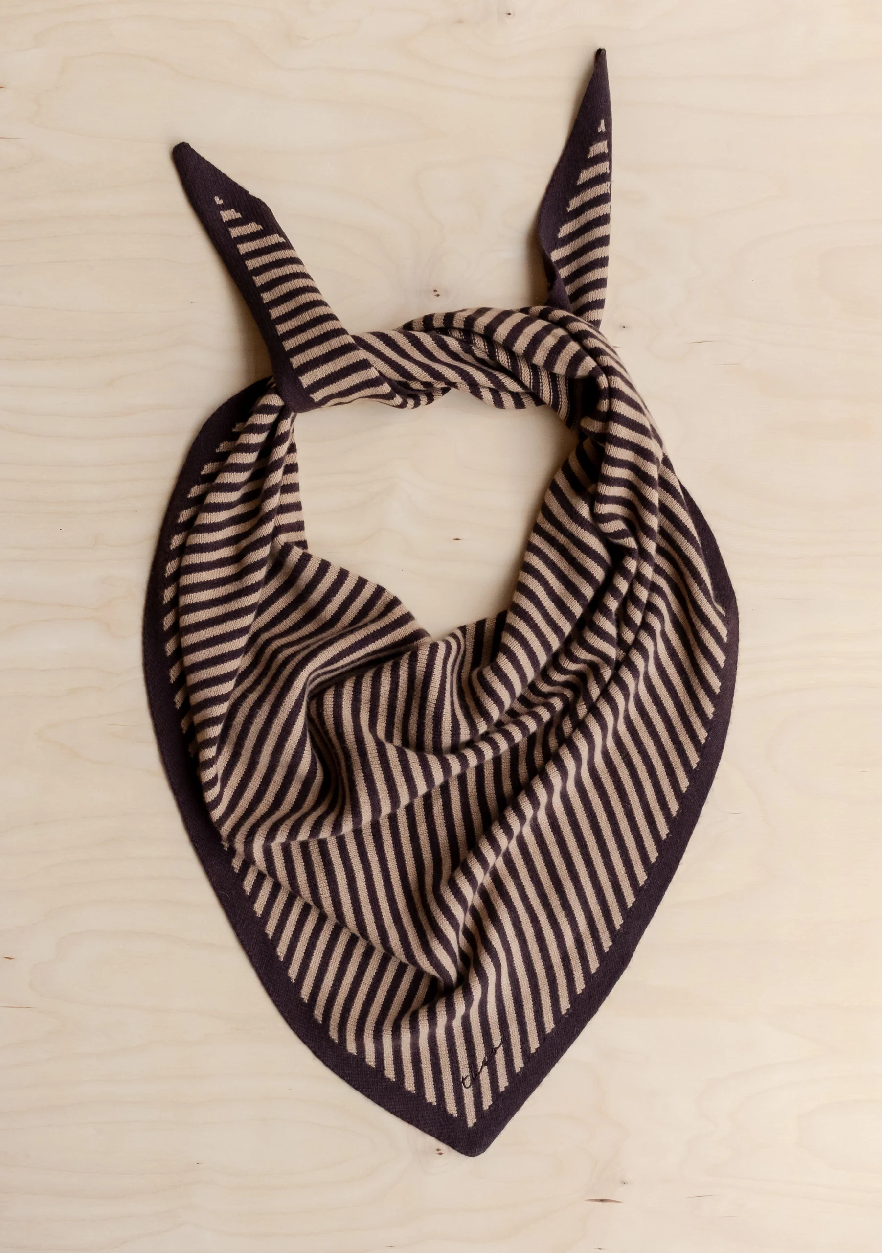 Large Merino Wool Triangle Scarf in Camel & Brown Stripe - Image 4