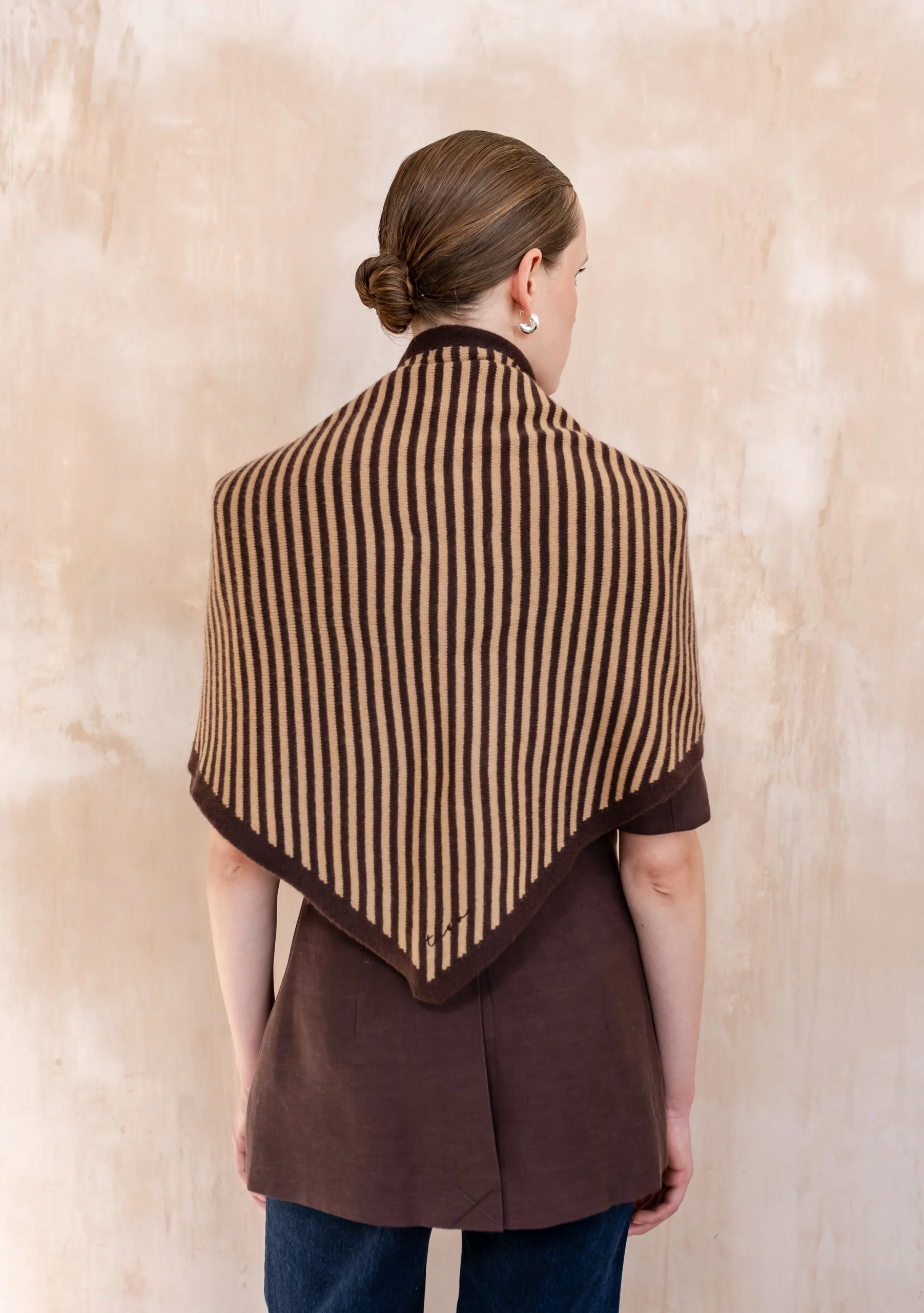 Large Merino Wool Triangle Scarf in Camel & Brown Stripe - Image 5