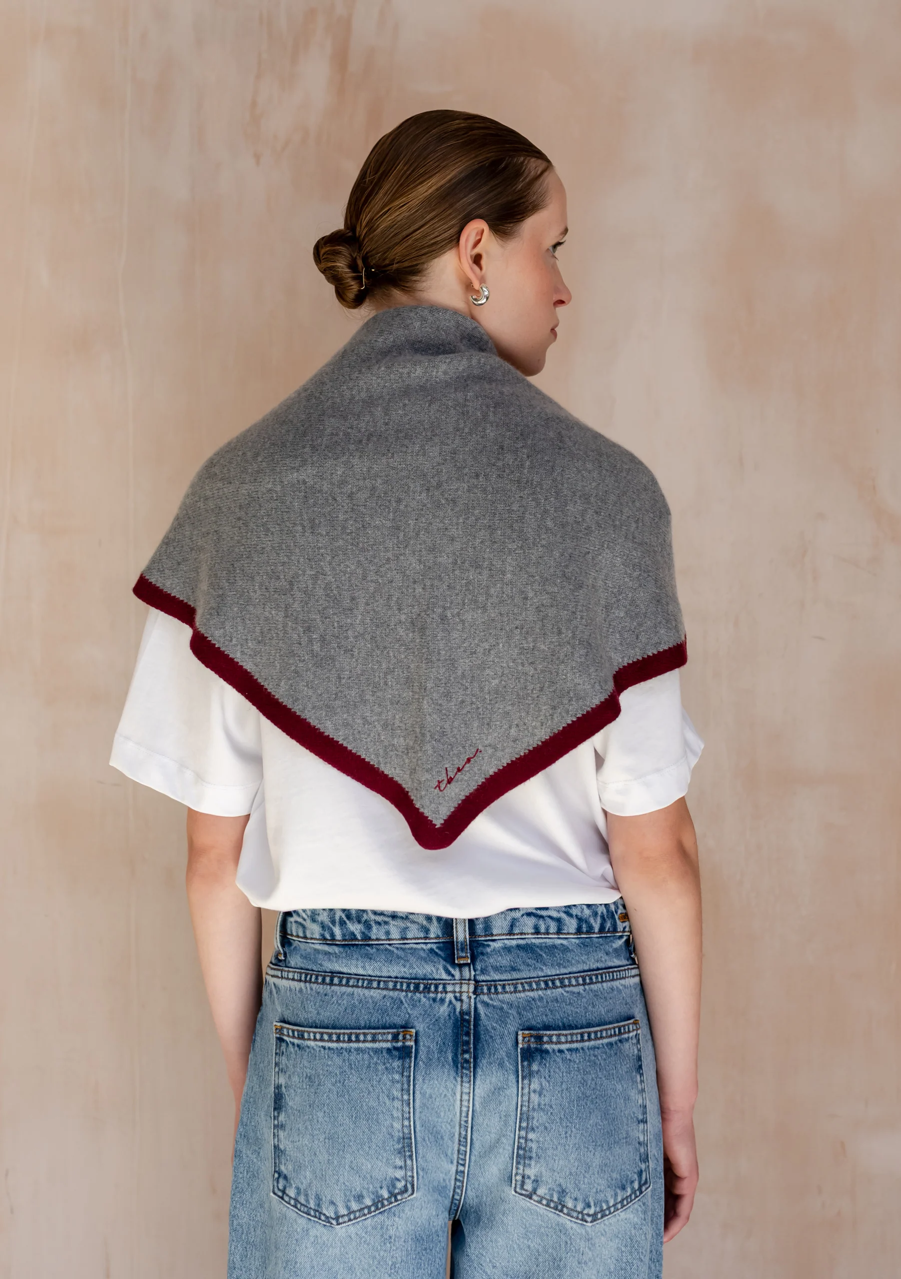 Large Merino Wool Triangle Scarf in Charcoal & Burgundy - Image 3