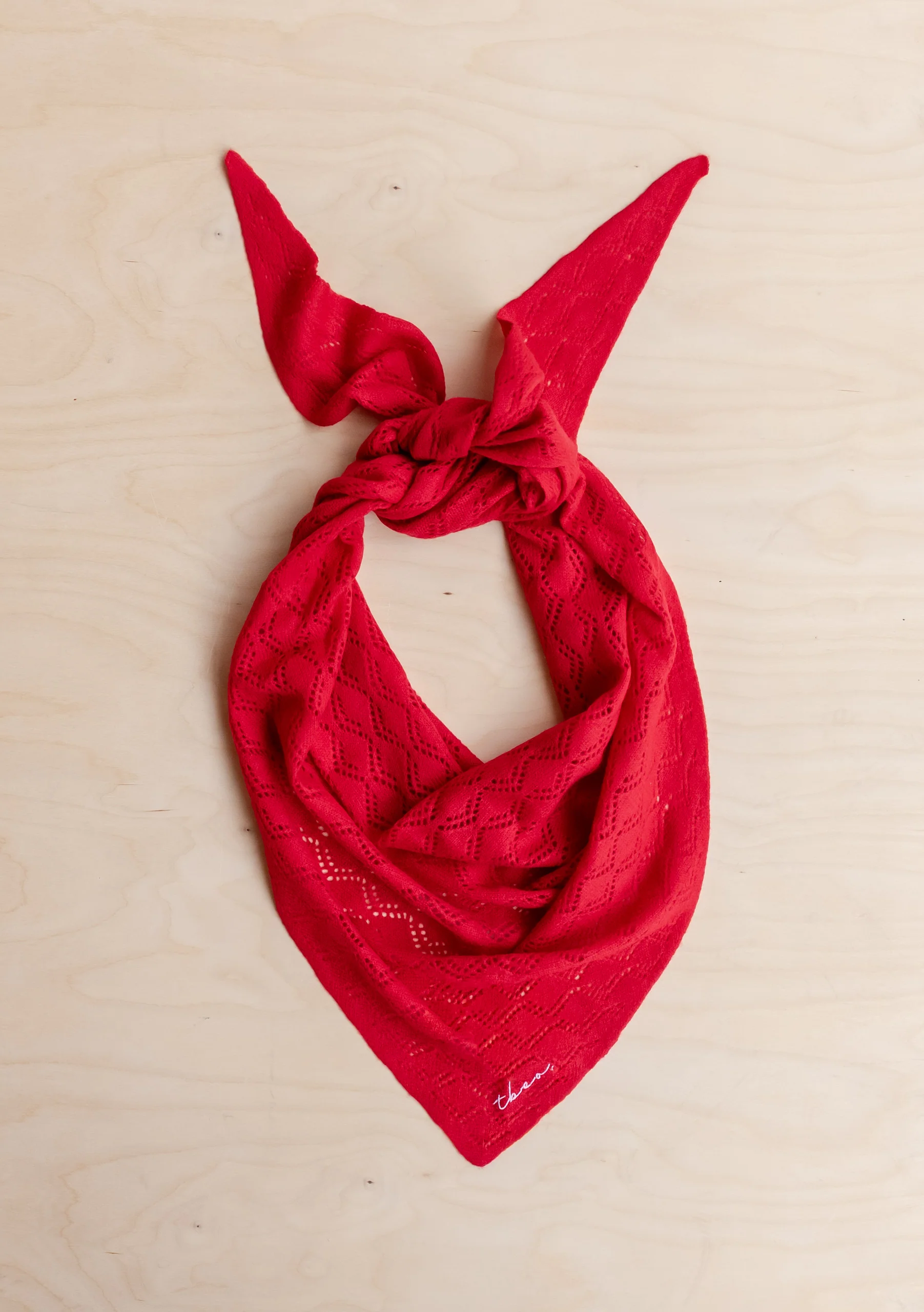 Large Merino Wool Triangle Scarf in Red Pointelle - Image 3