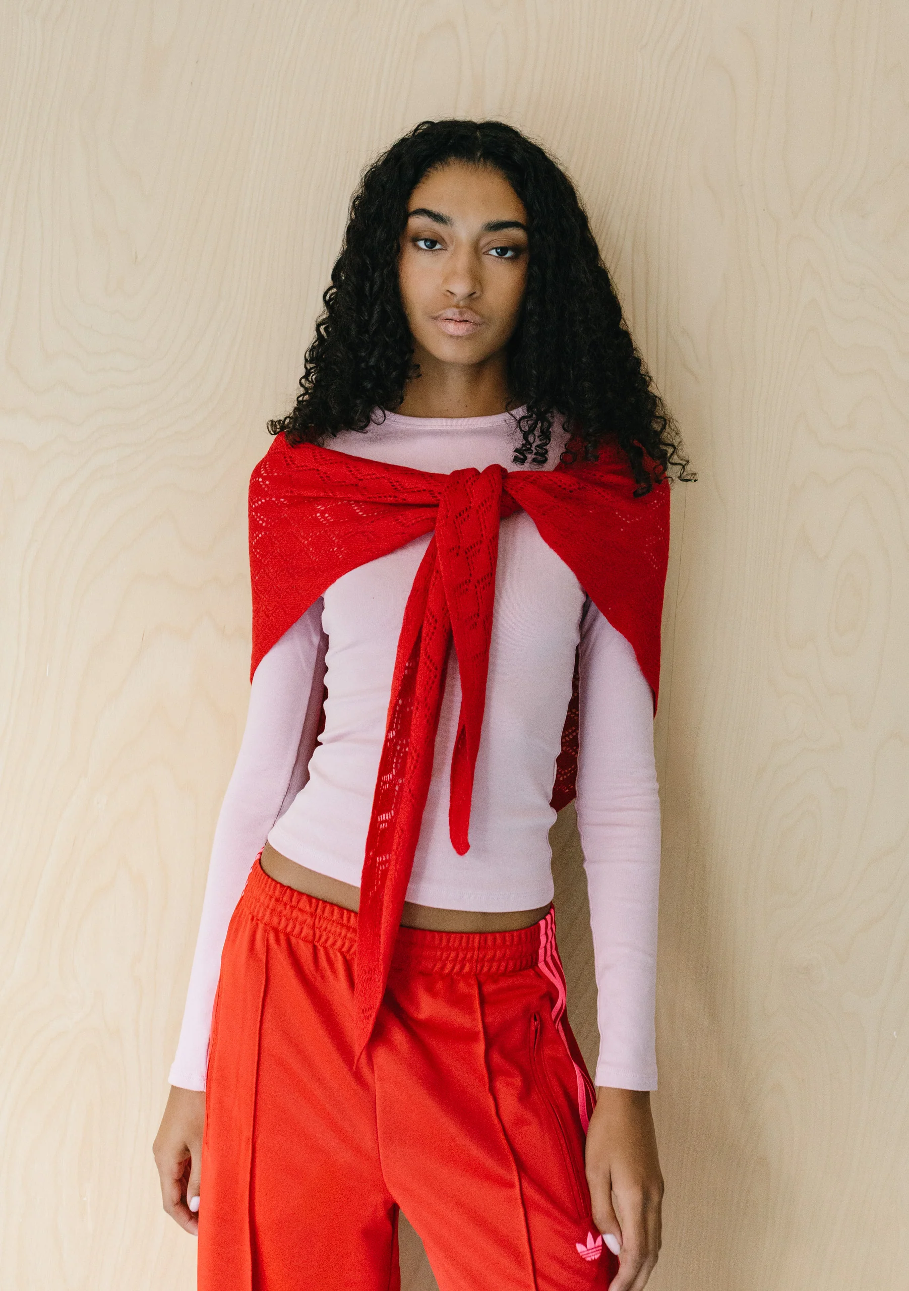 Large Merino Wool Triangle Scarf in Red Pointelle - Image 4