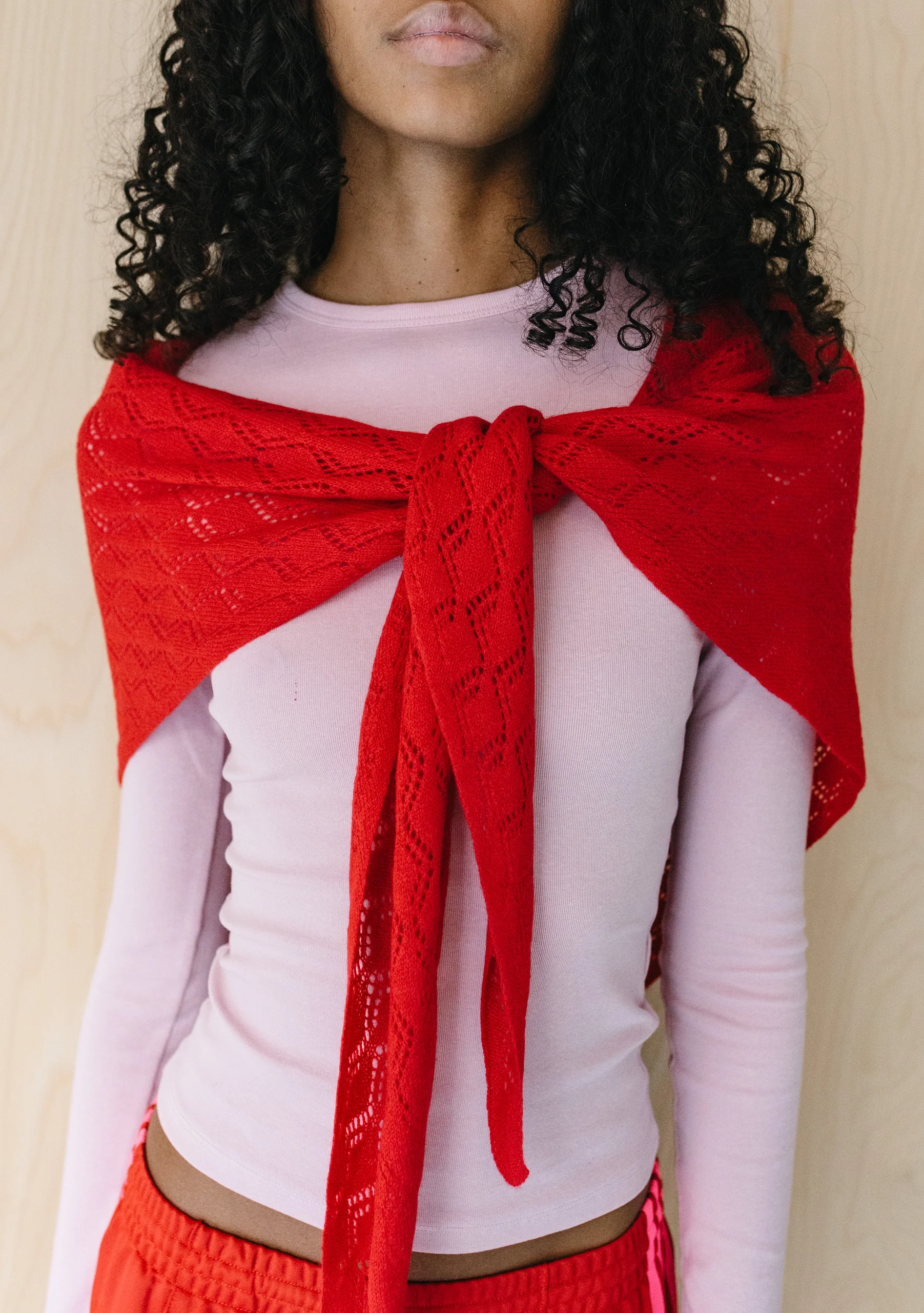 Large Merino Wool Triangle Scarf in Red Pointelle - Image 5
