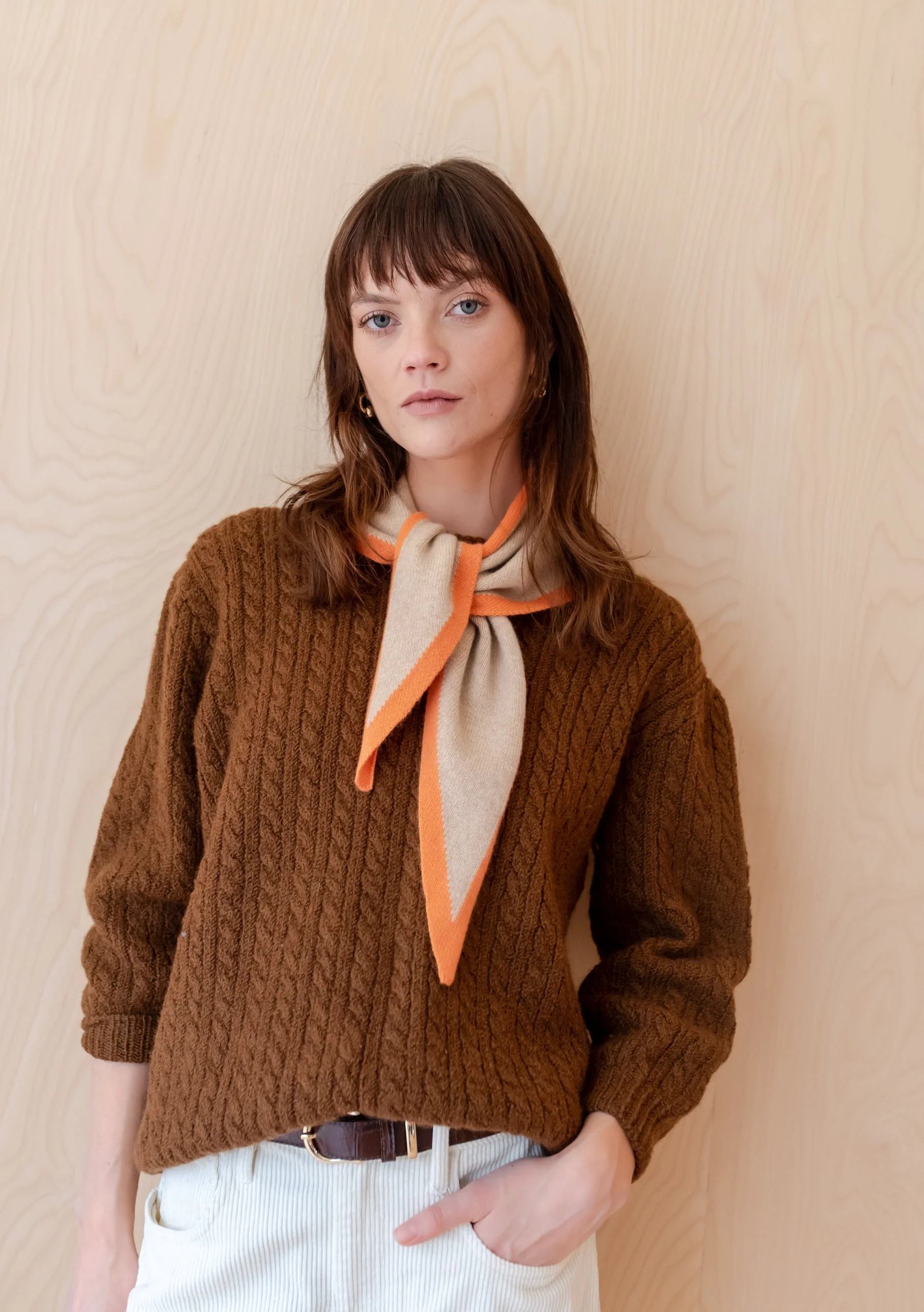 Merino Triangle Scarf in Camel & Apricot - Image 3
