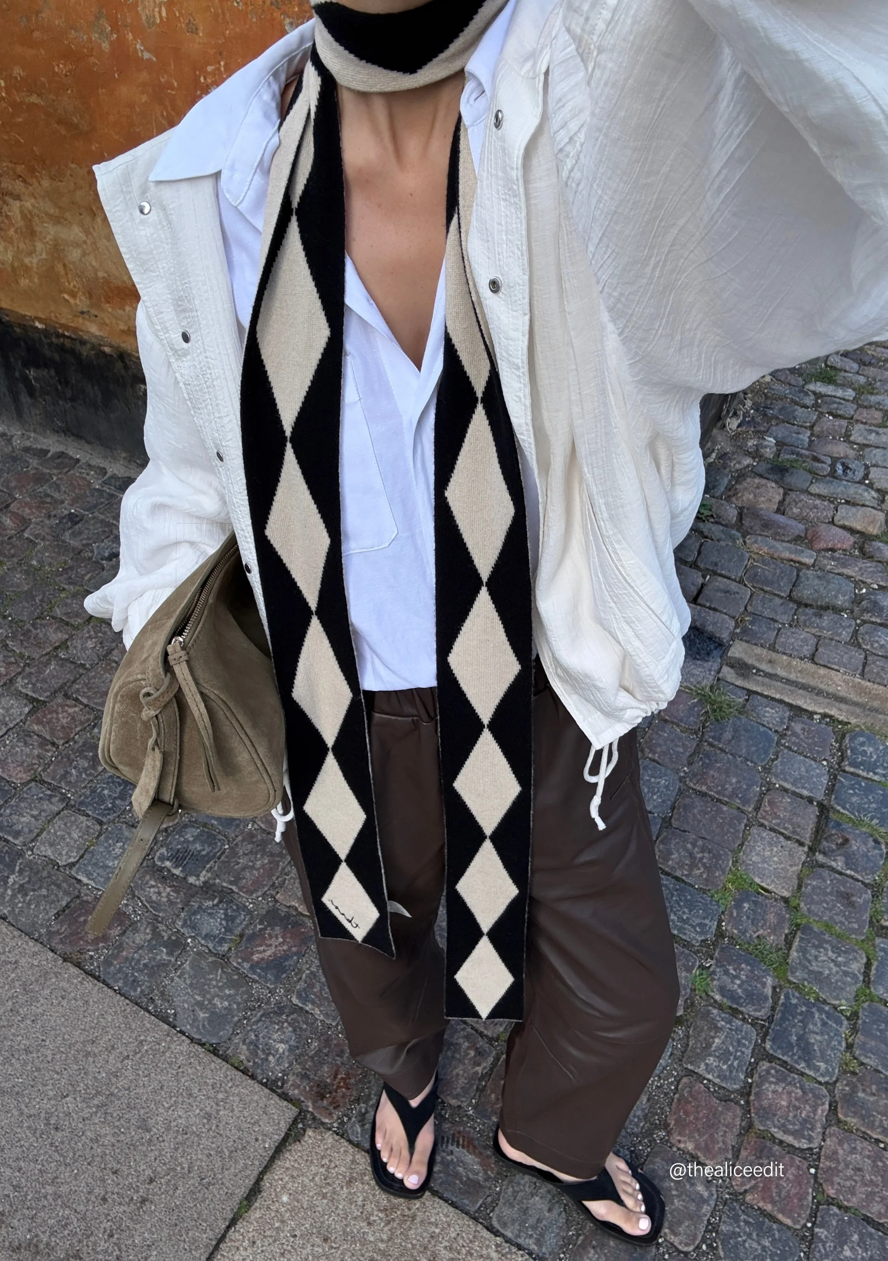 Merino Wool Skinny Scarf in Black Harlequin - Image 3