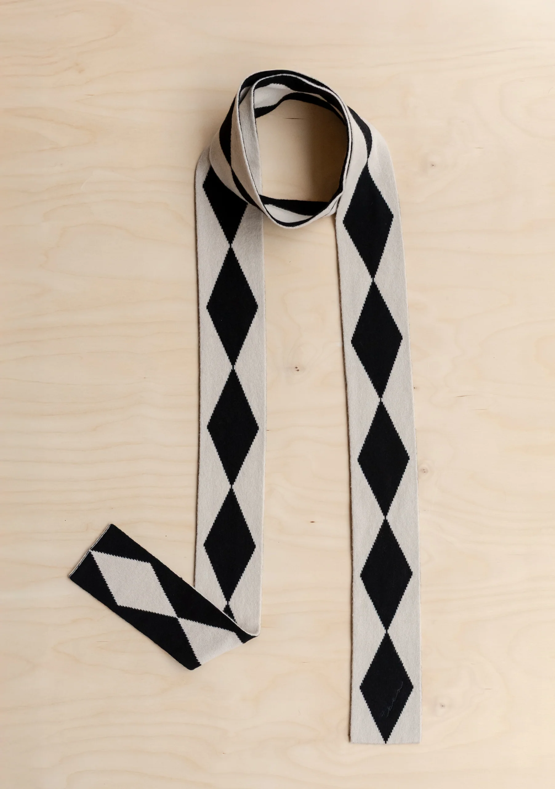 Merino Wool Skinny Scarf in Black Harlequin - Image 5