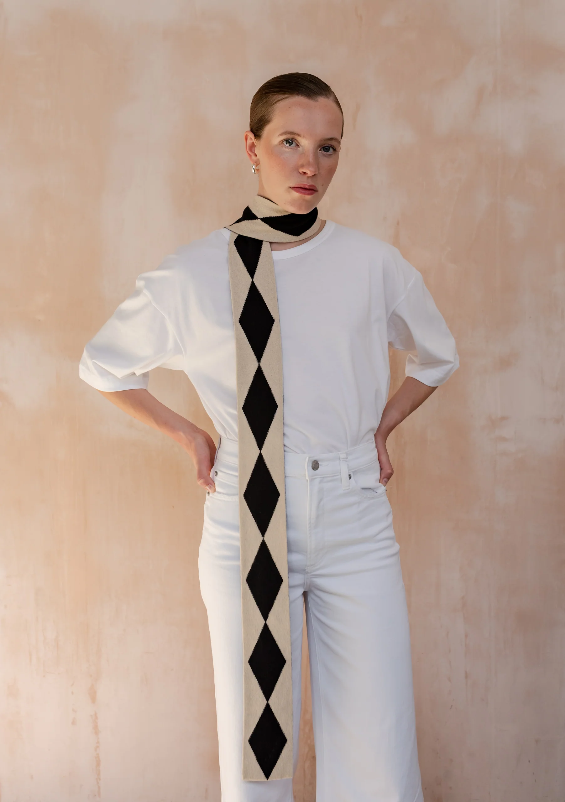 Merino Wool Skinny Scarf in Black Harlequin - Image 6