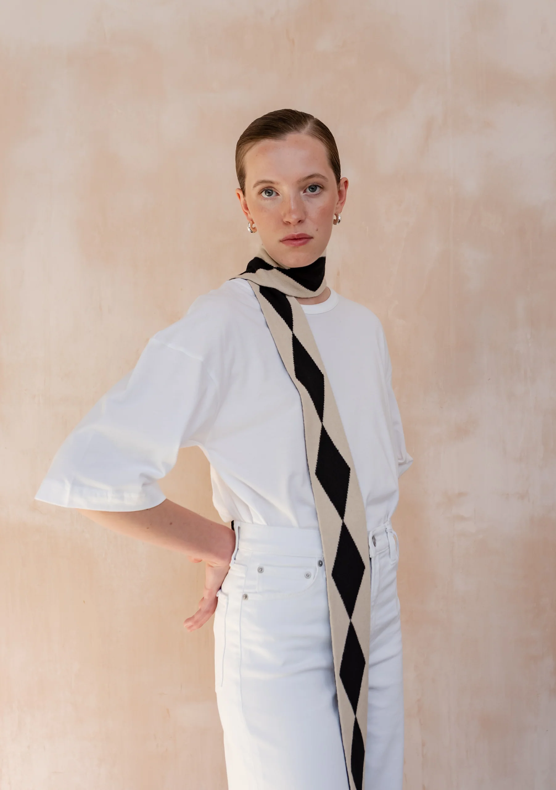 Merino Wool Skinny Scarf in Black Harlequin - Image 7
