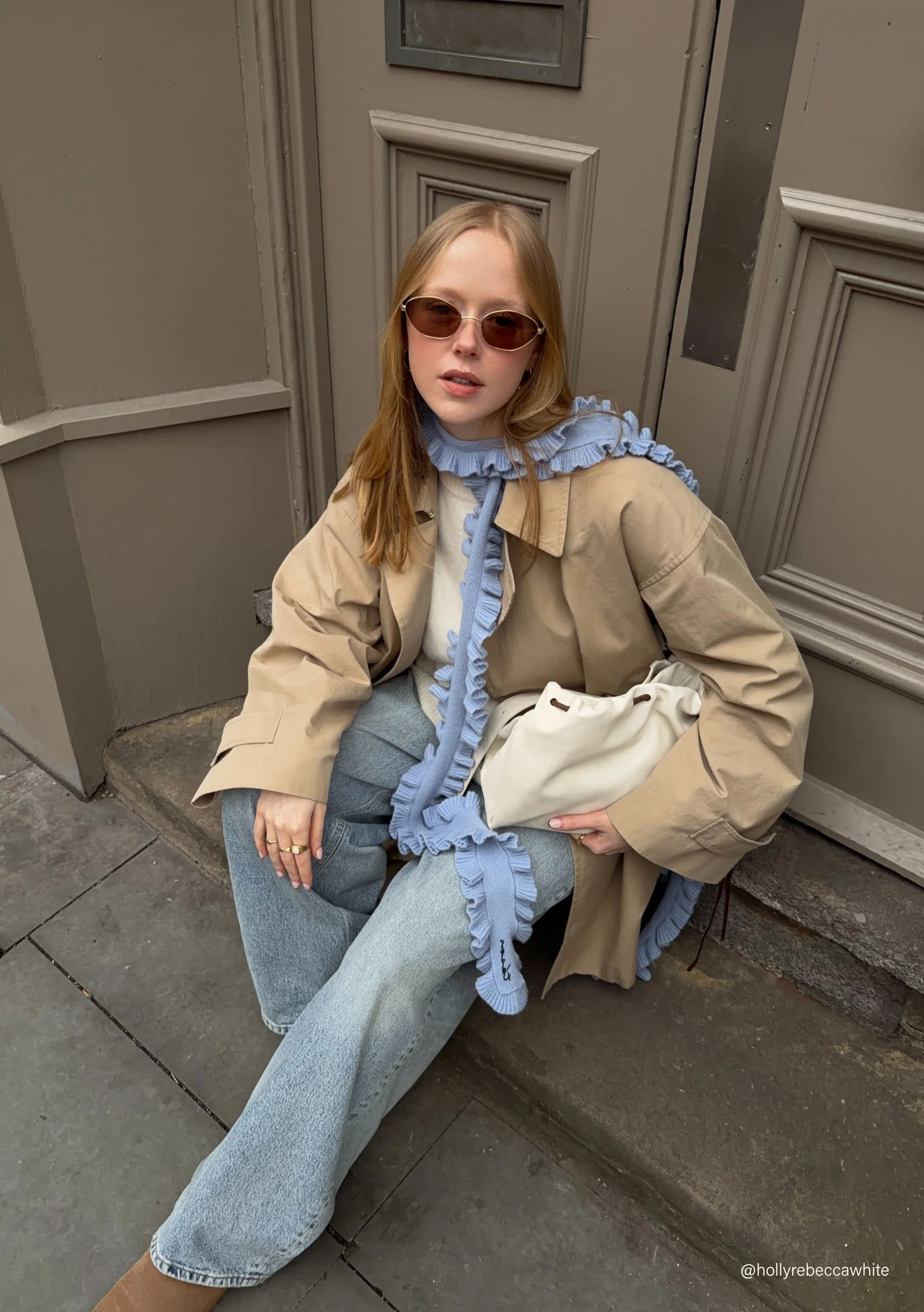 Merino Wool Skinny Scarf in Blue Ruffle - Image 2