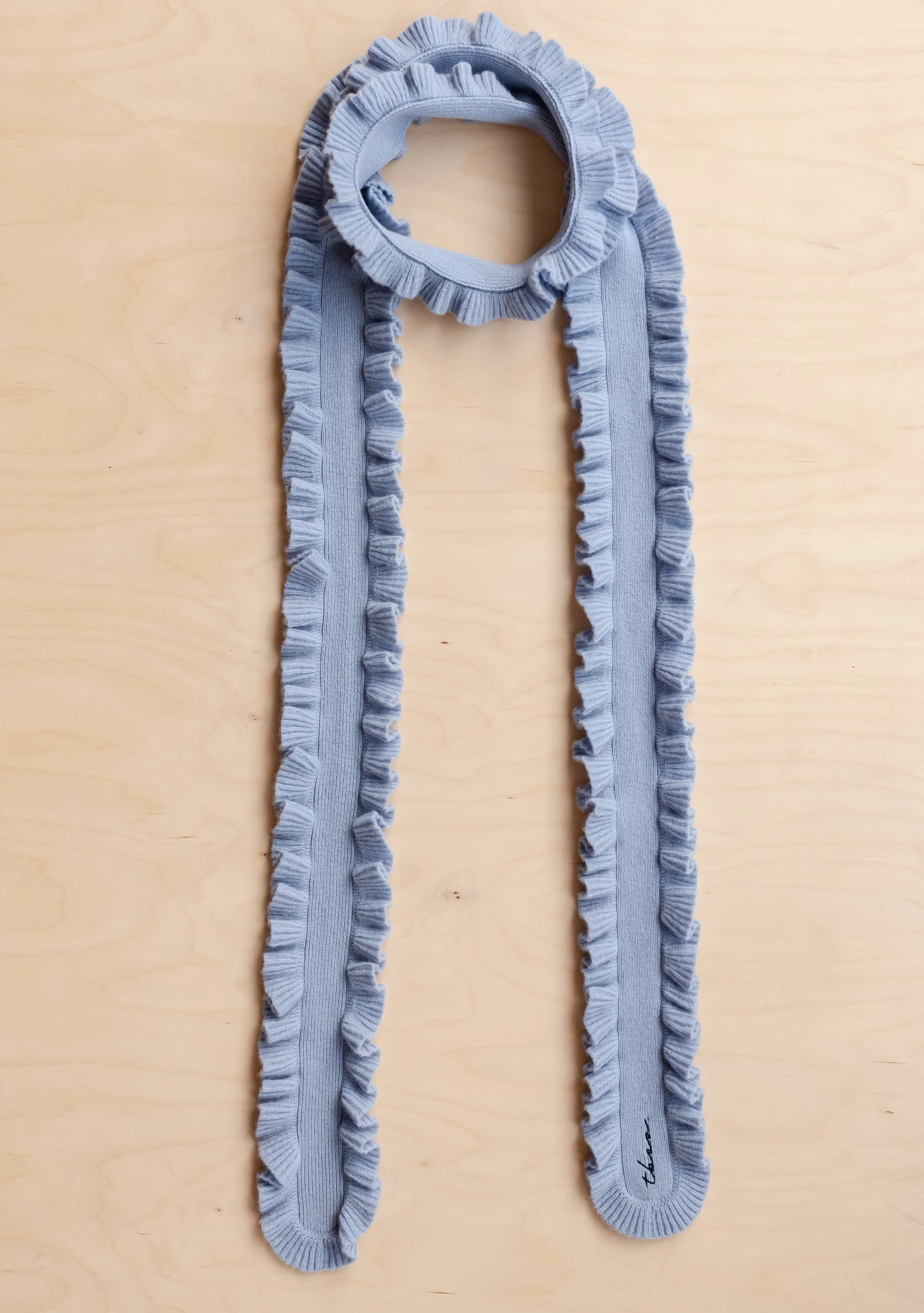 Merino Wool Skinny Scarf in Blue Ruffle - Image 3