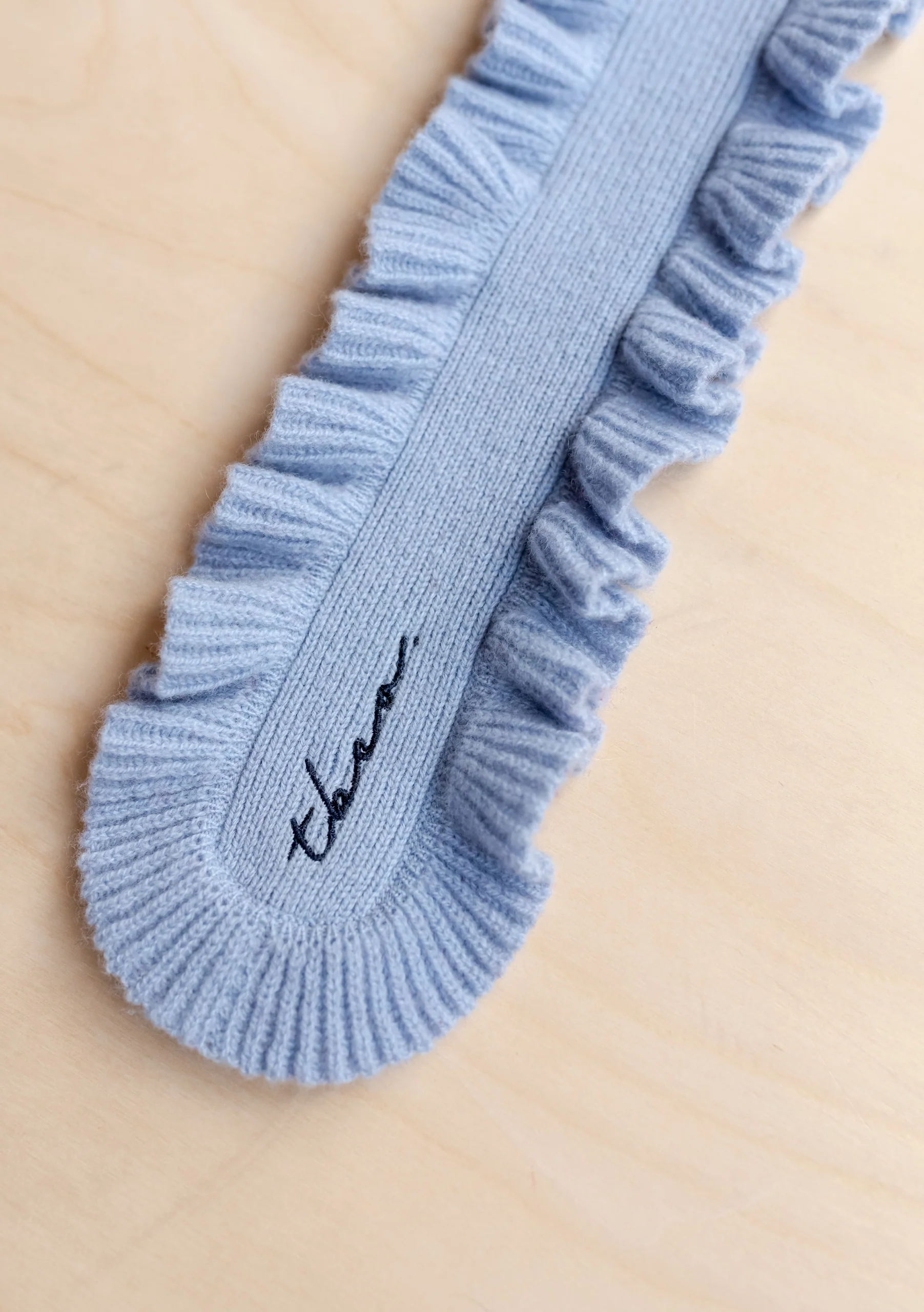 Merino Wool Skinny Scarf in Blue Ruffle - Image 4