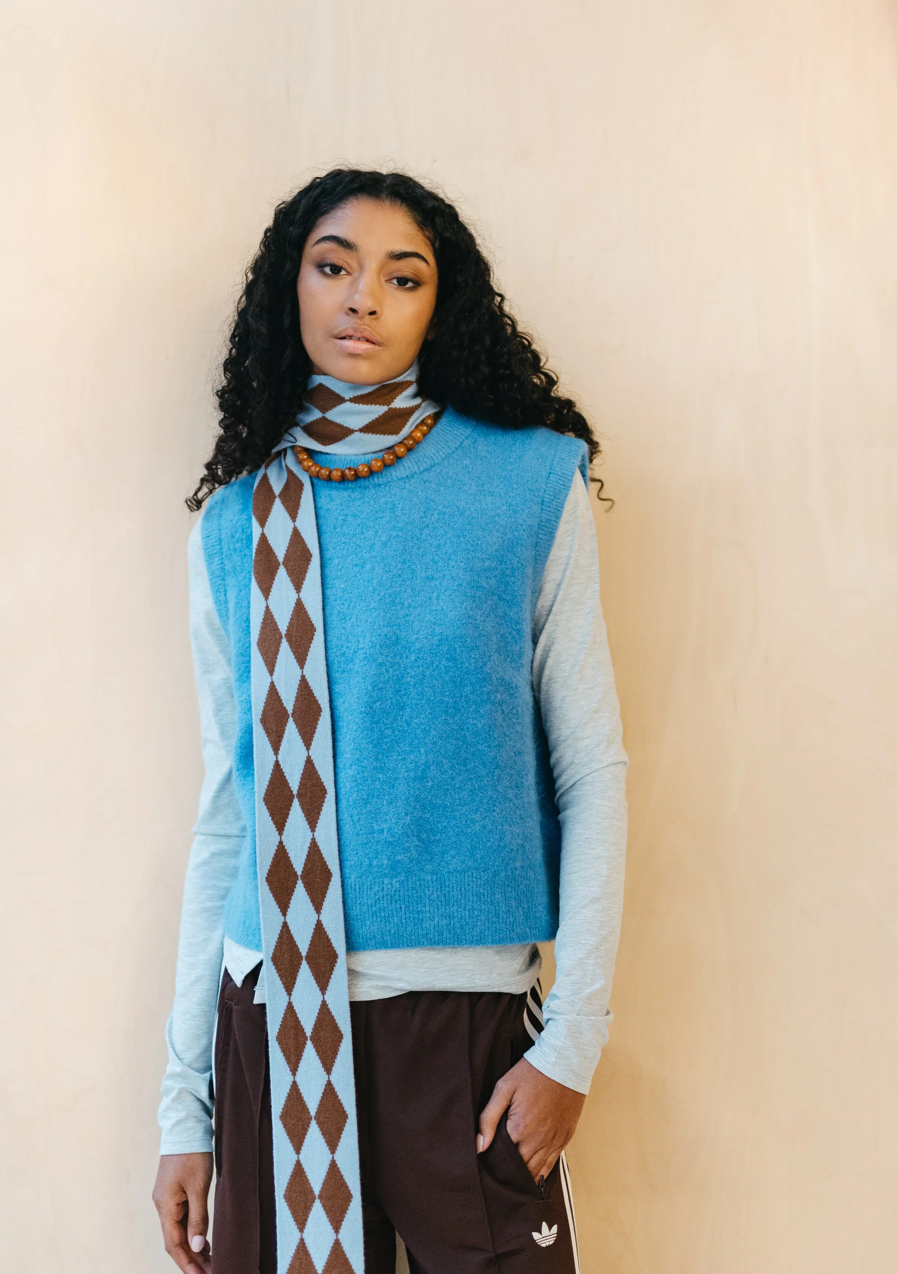 Merino Wool Skinny Scarf in Brown Harlequin