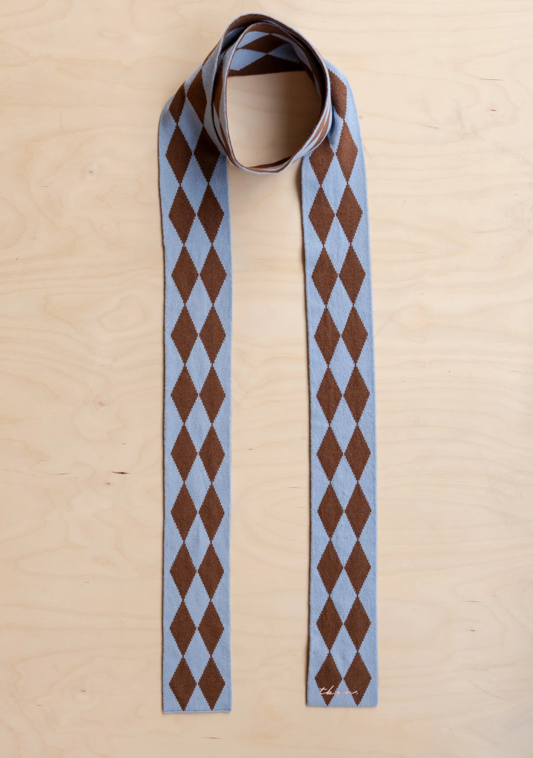 Merino Wool Skinny Scarf in Brown Harlequin - Image 3