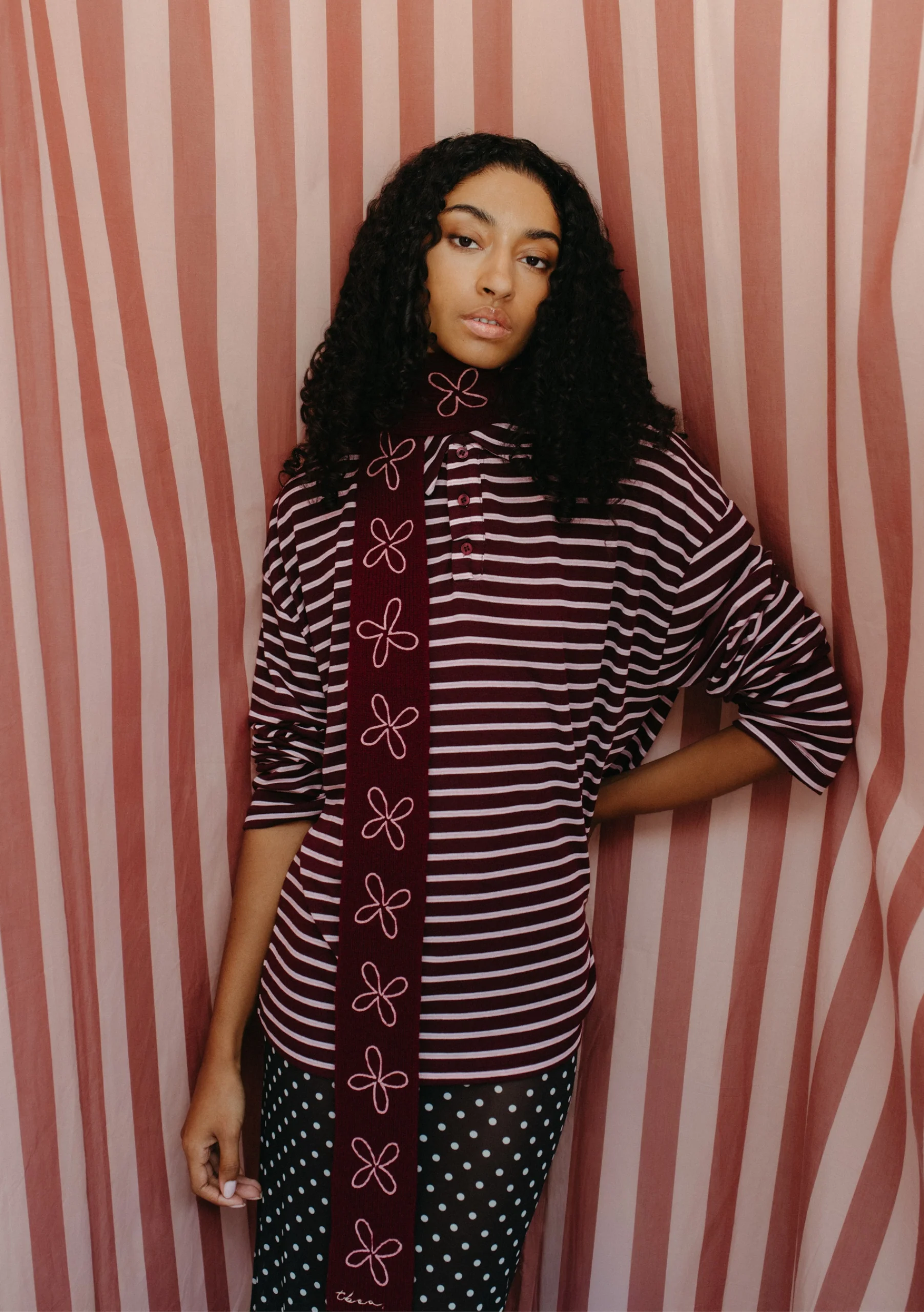 Merino Wool Skinny Scarf in Burgundy Flora - Image 2