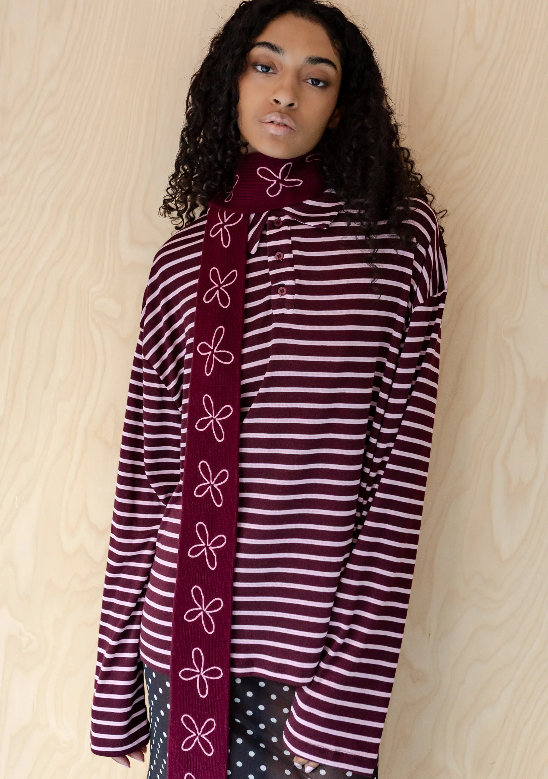 Merino Wool Skinny Scarf in Burgundy Flora - Image 3