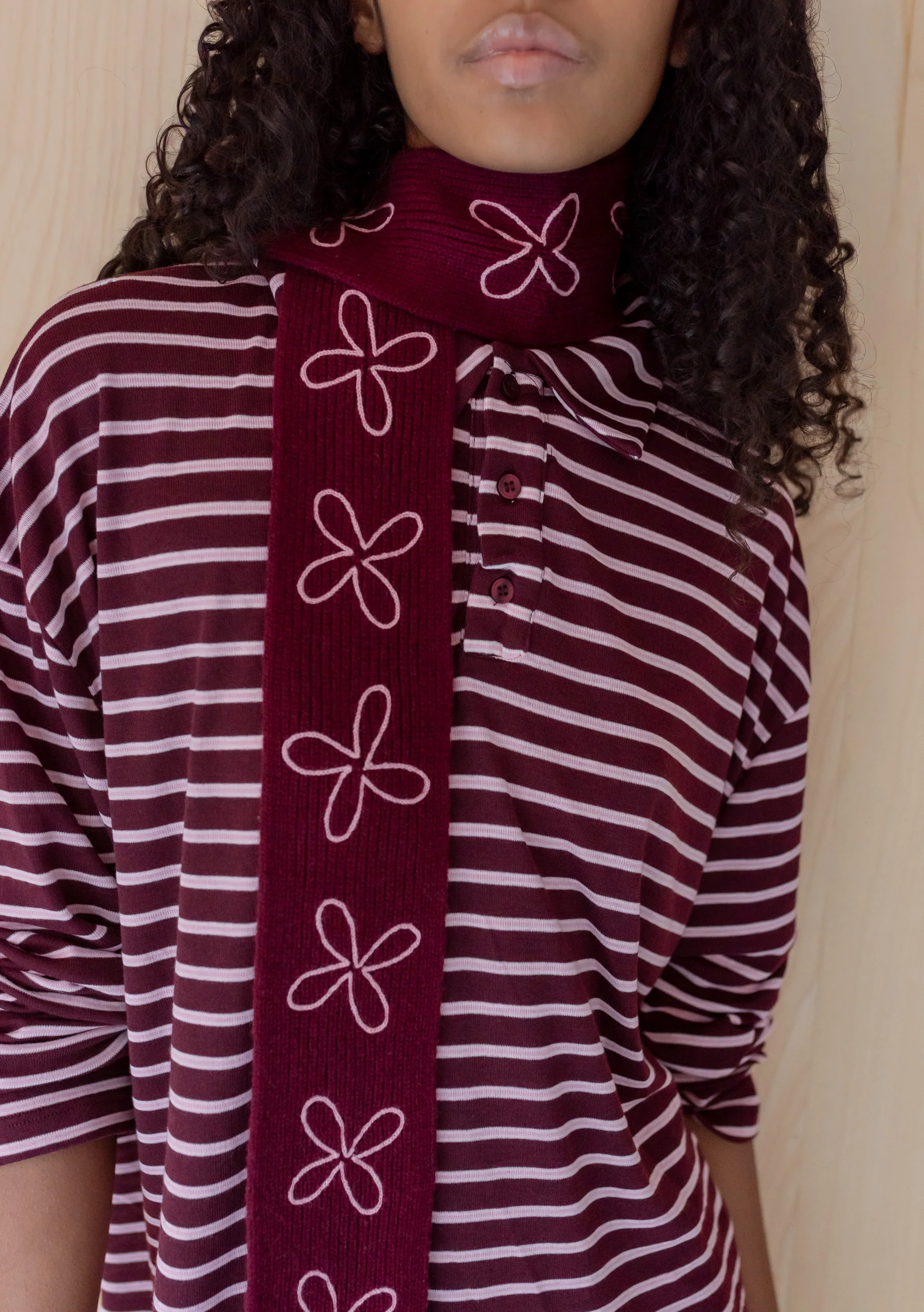 Merino Wool Skinny Scarf in Burgundy Flora - Image 4