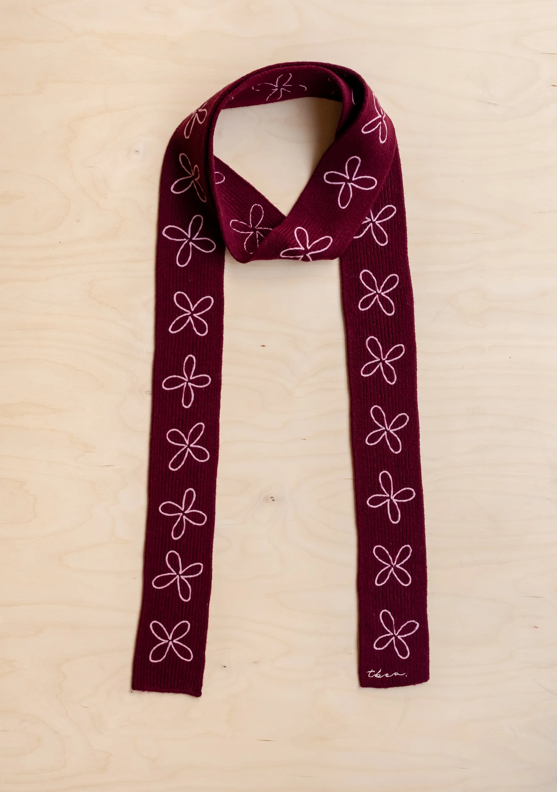 Merino Wool Skinny Scarf in Burgundy Flora - Image 5