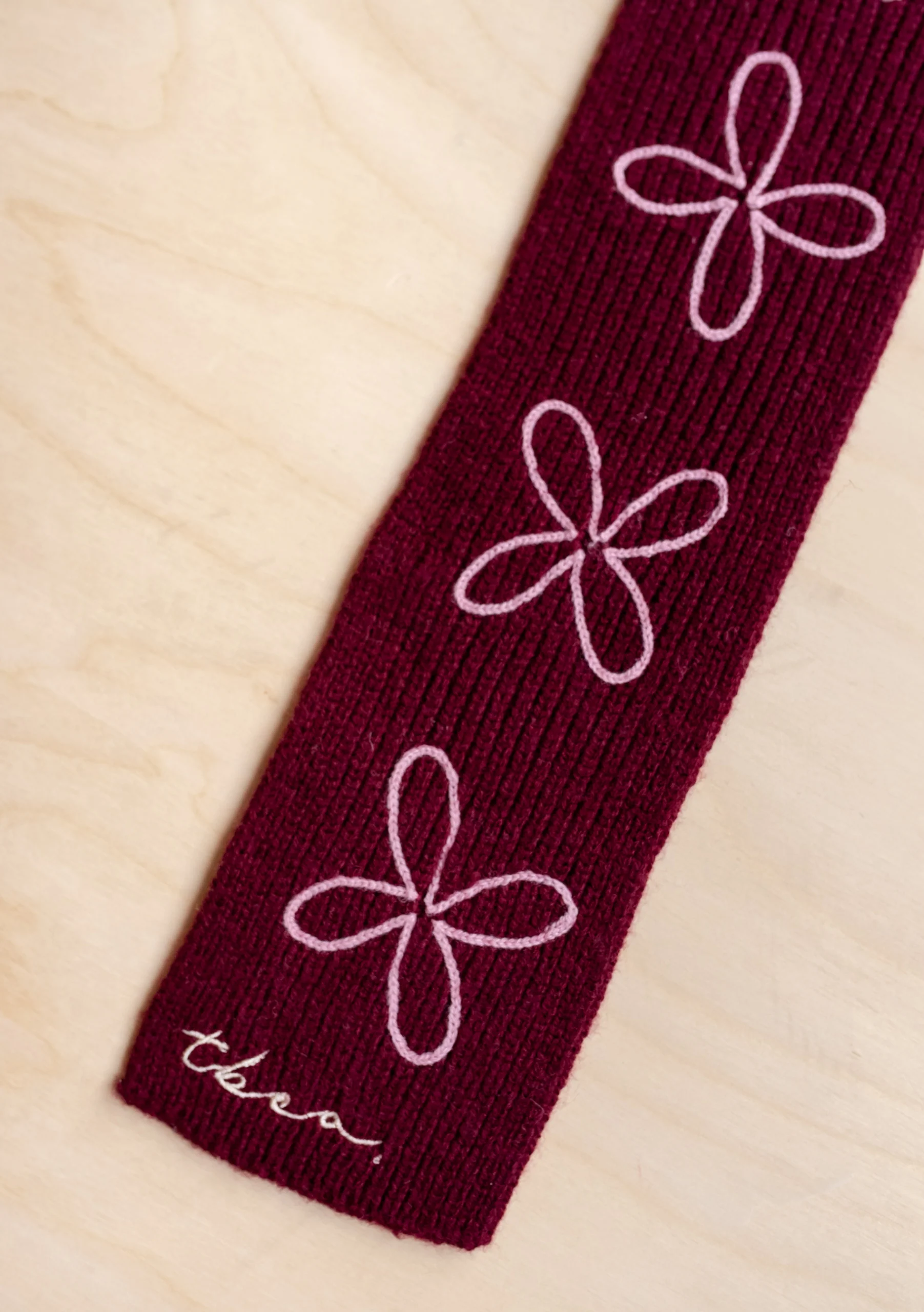 Merino Wool Skinny Scarf in Burgundy Flora - Image 6