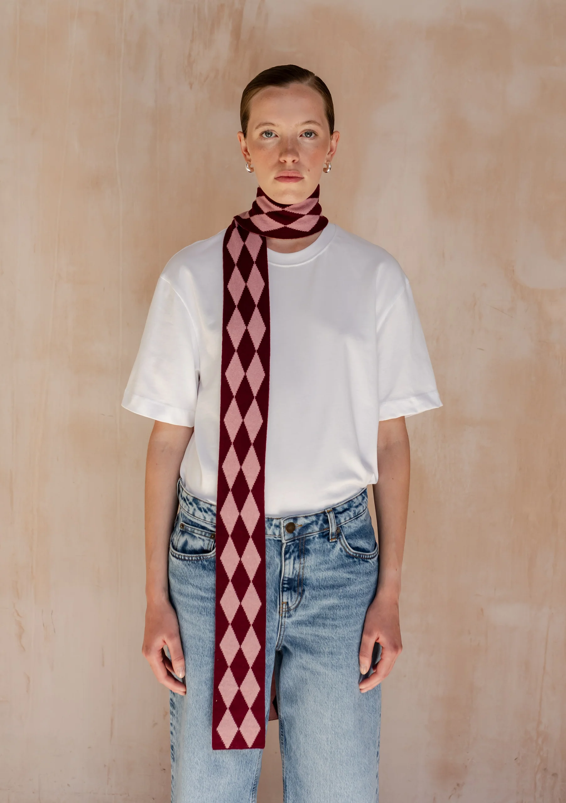 Merino Wool Skinny Scarf in Burgundy Harlequin - Image 3