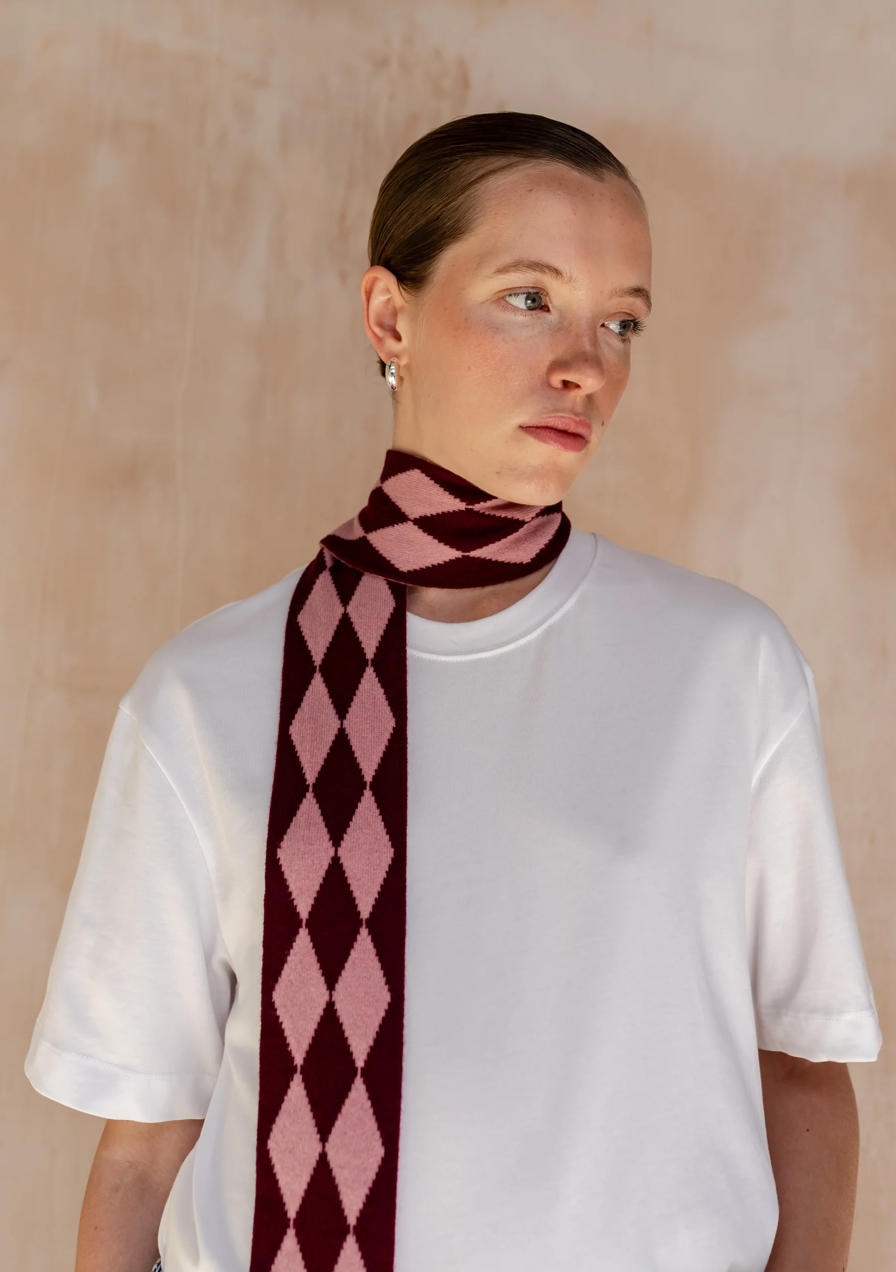 Merino Wool Skinny Scarf in Burgundy Harlequin - Image 4